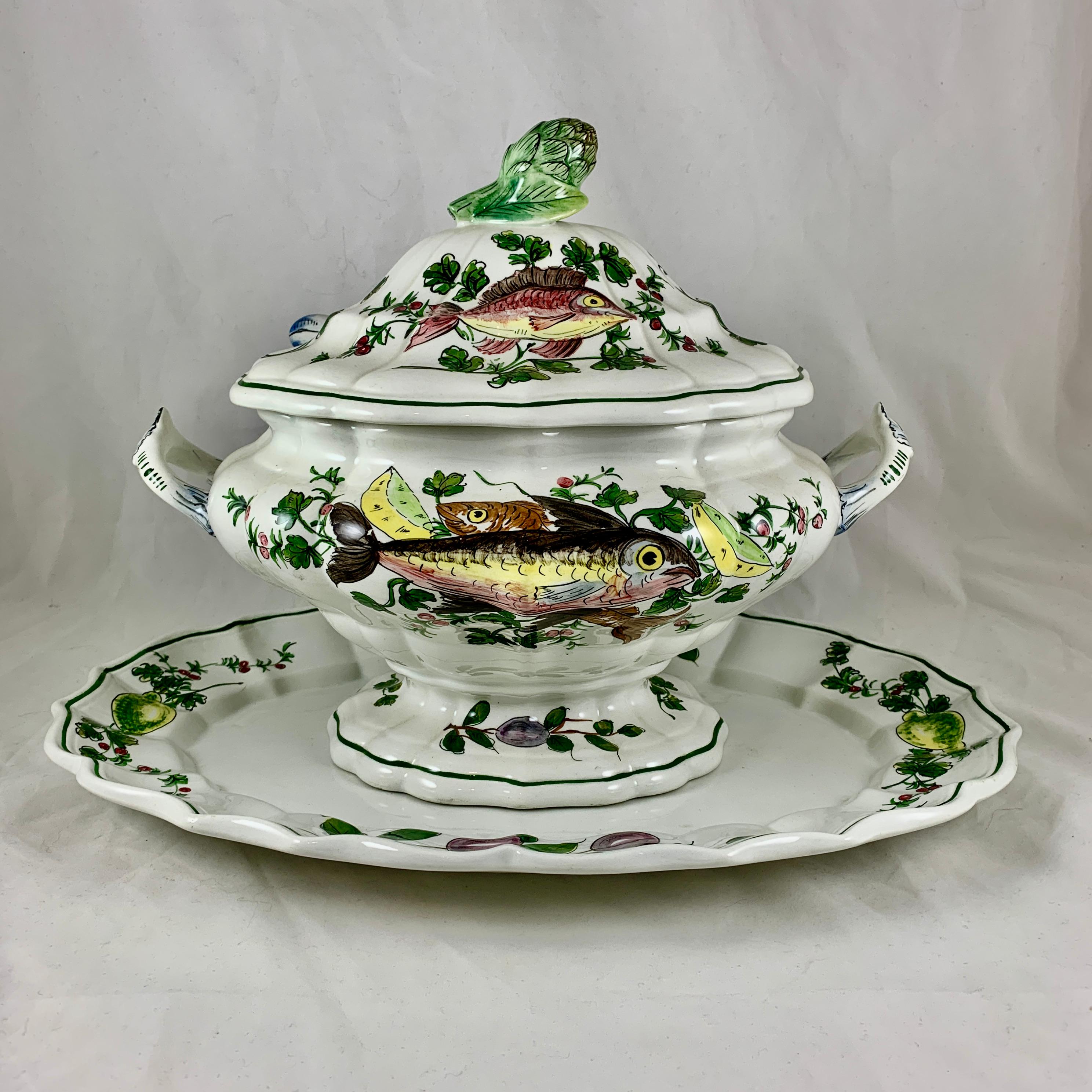 Glazed Midcentury Italian Hand Painted Fish and Fruit Tureen with Ladle & Under Platter For Sale