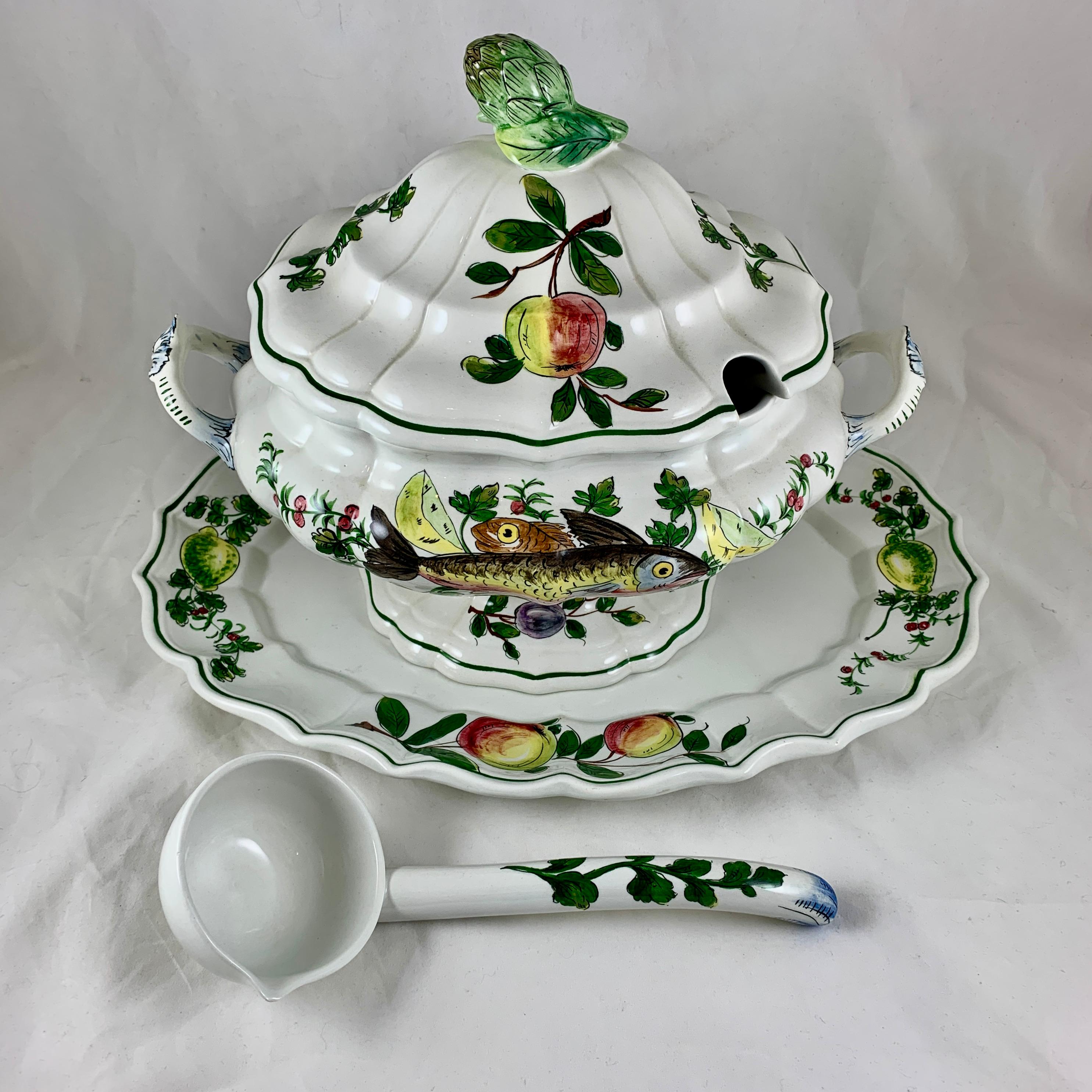 Mid-20th Century Midcentury Italian Hand Painted Fish and Fruit Tureen with Ladle & Under Platter For Sale
