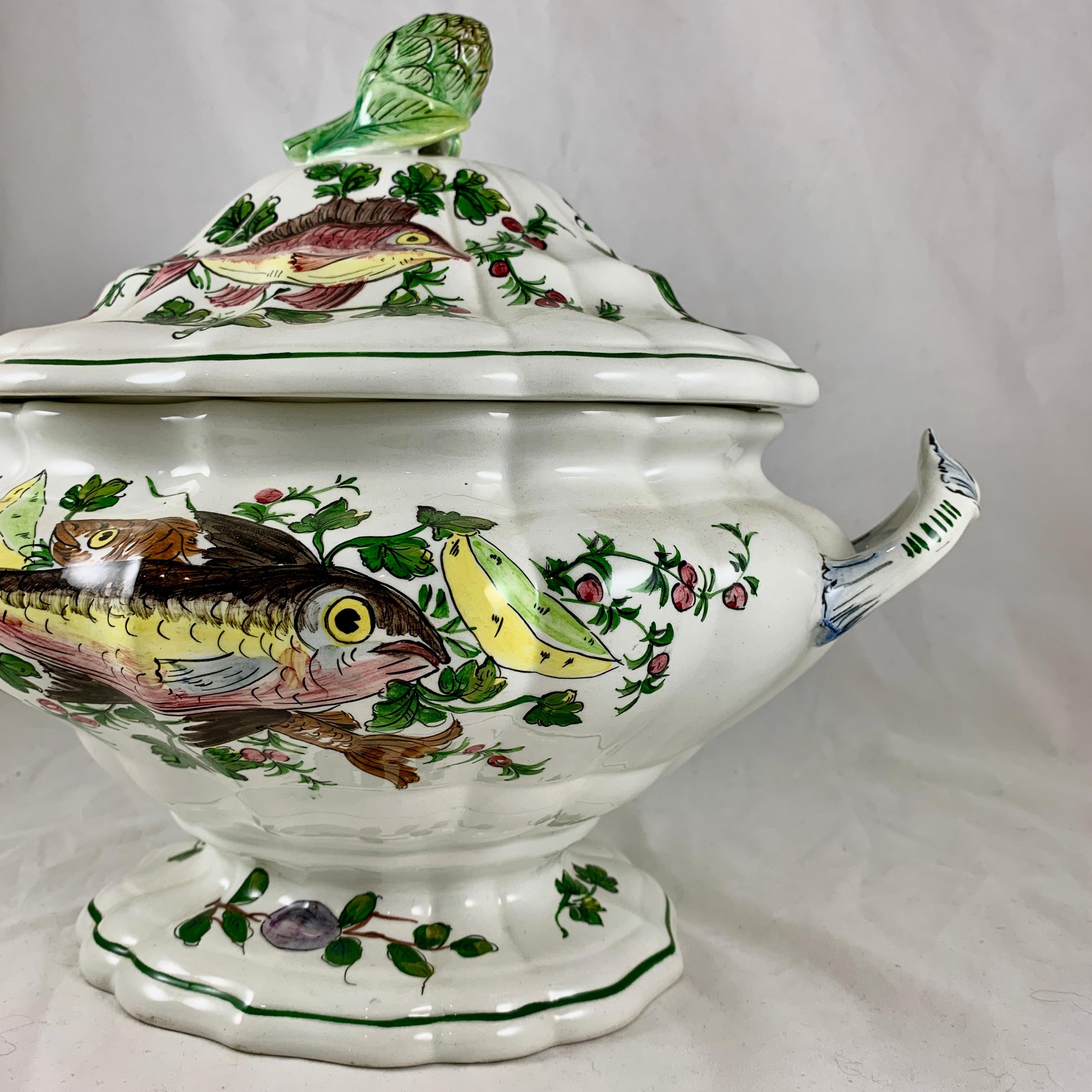 Midcentury Italian Hand Painted Fish and Fruit Tureen with Ladle & Under Platter For Sale 1