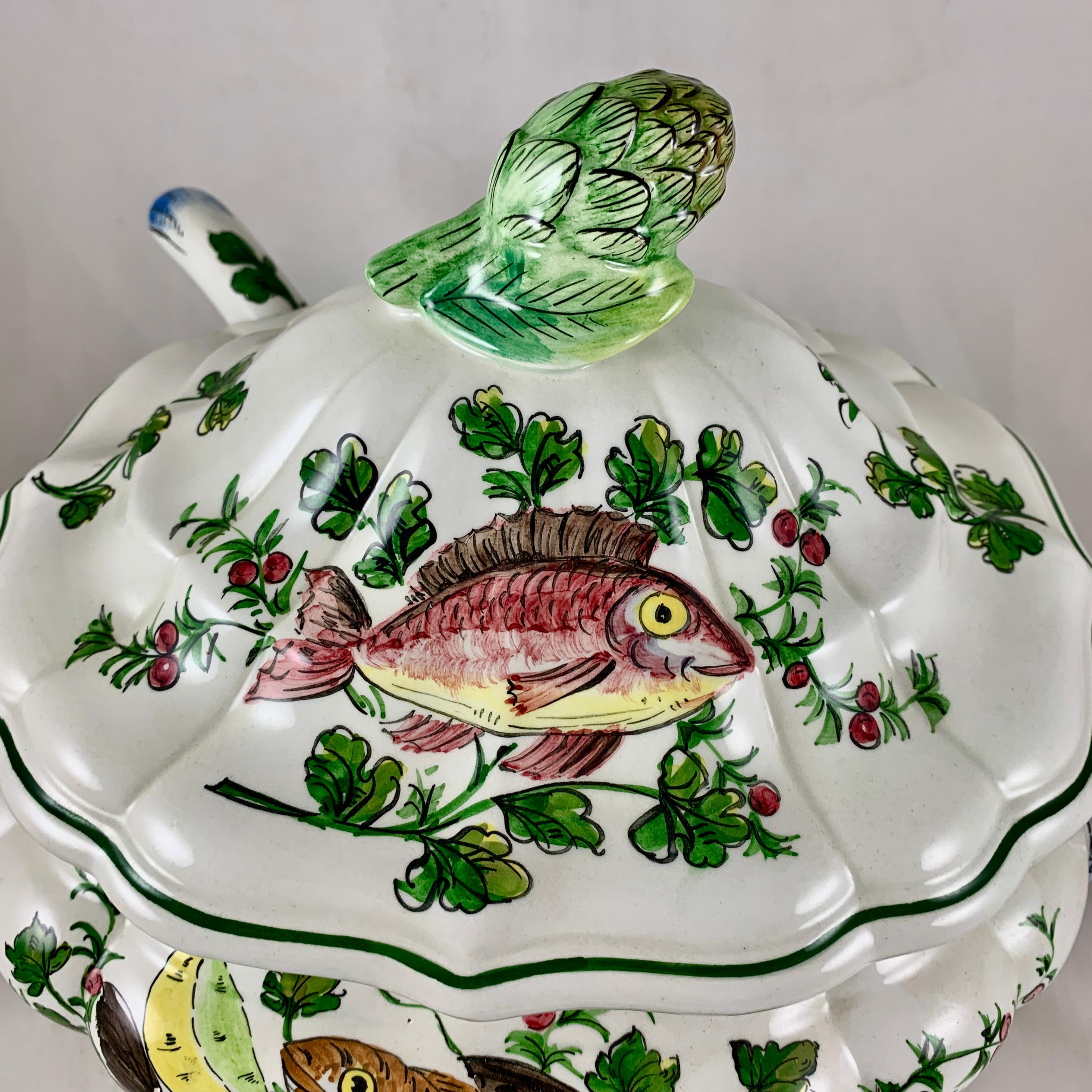 Midcentury Italian Hand Painted Fish and Fruit Tureen with Ladle & Under Platter For Sale 2