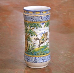 Mid-Century Italian Hand-Painted Majolica Umbrella Stand with Hunt Scene
