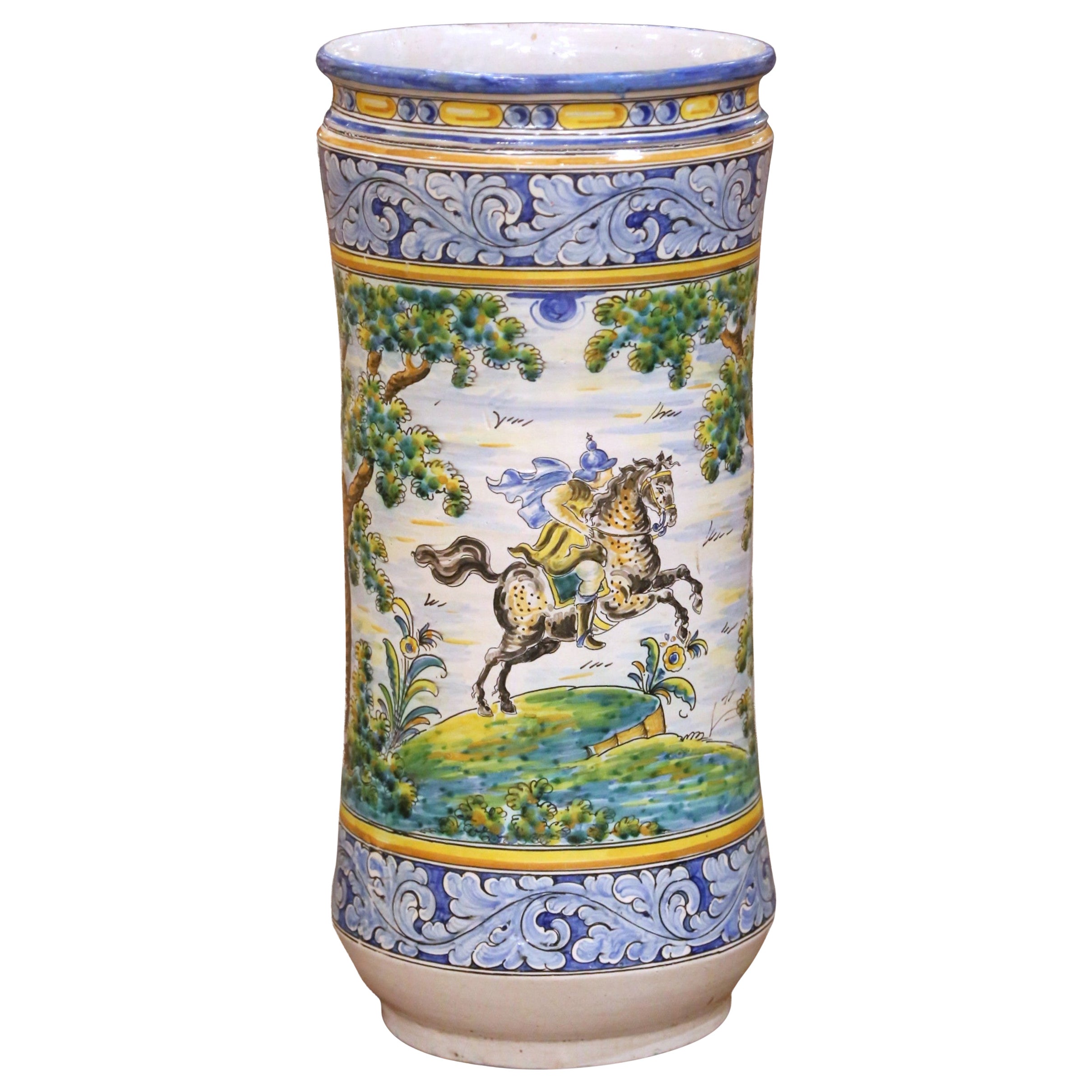 Mid-Century Italian Hand-Painted Majolica Umbrella Stand with Hunt Scene