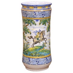 Mid-Century Italian Hand-Painted Majolica Umbrella Stand with Hunt Scene