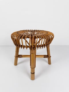Mid-Century Italian Handcrafted Cane Bamboo & Rattan Stool, Albini Style, 60s