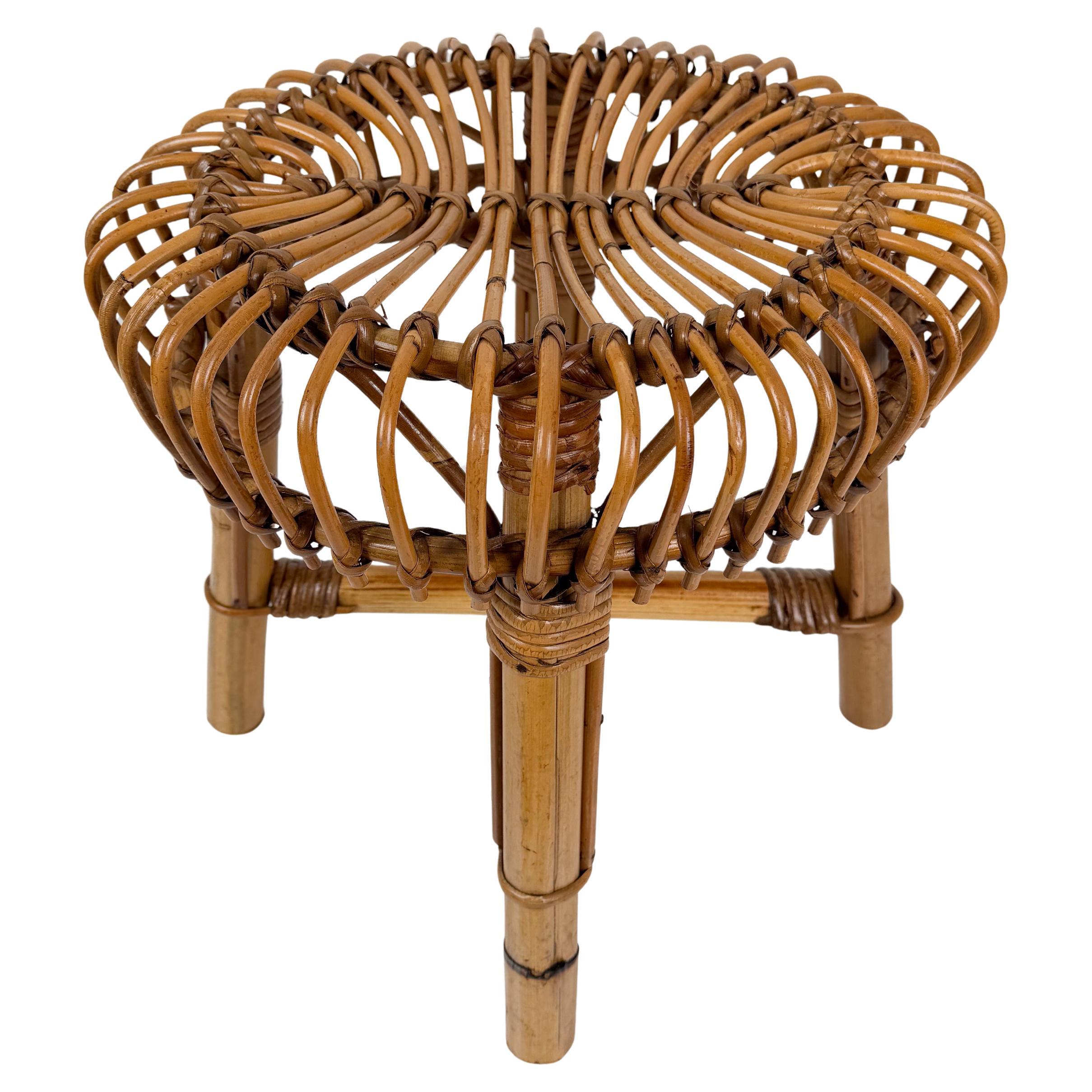 Mid-Century Italian Handcrafted Cane Bamboo & Rattan Stool, Albini Style, 60s