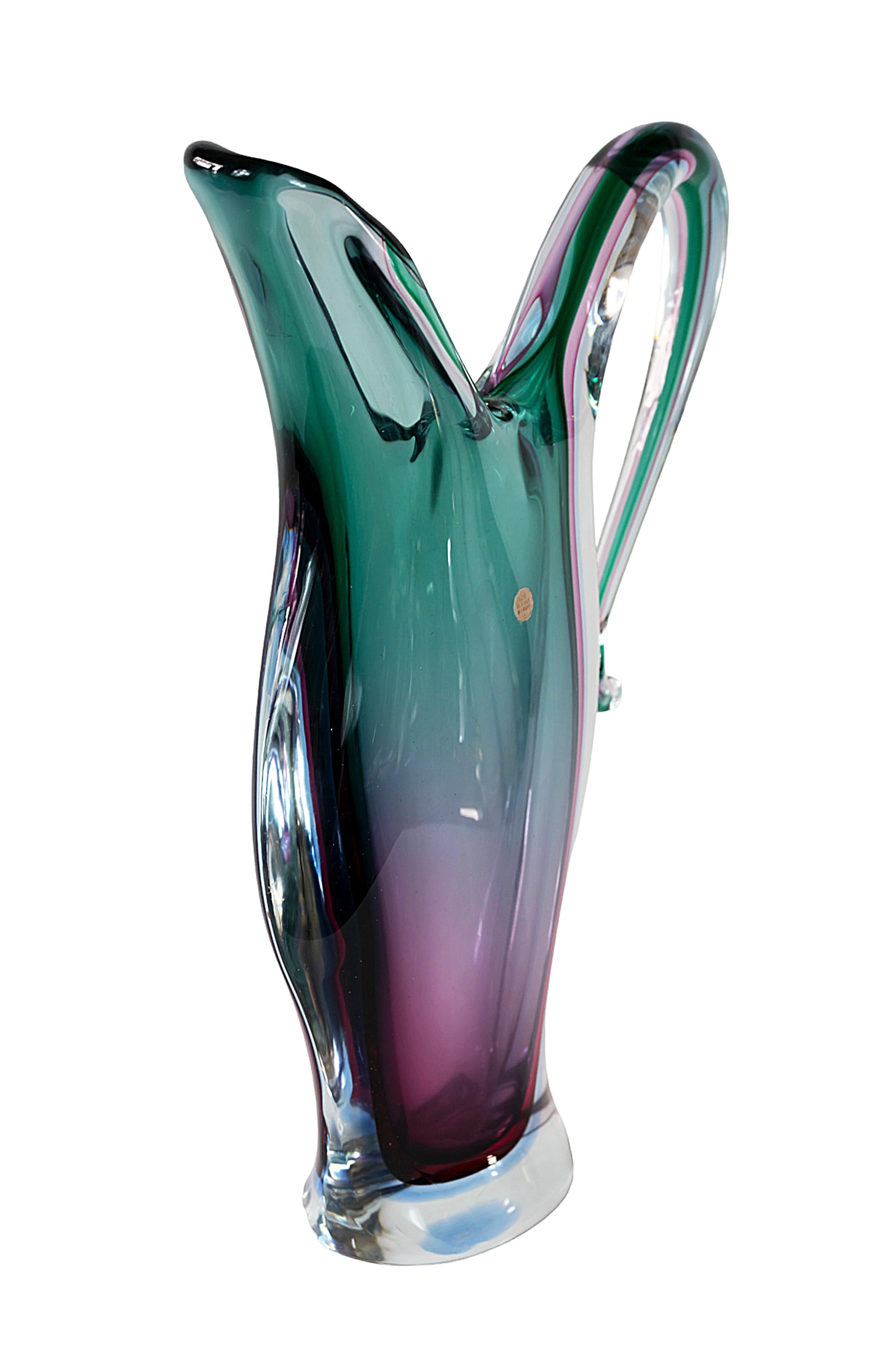 Vintage Italian Sommerso vaso/giara fatto a mano in vetro di Murano a strati viola/prugna/verde.
Con l'etichetta 