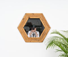 Mid-Century Italian Hexagonal Mirror in Rattam and Bamboo, Italy 1970s