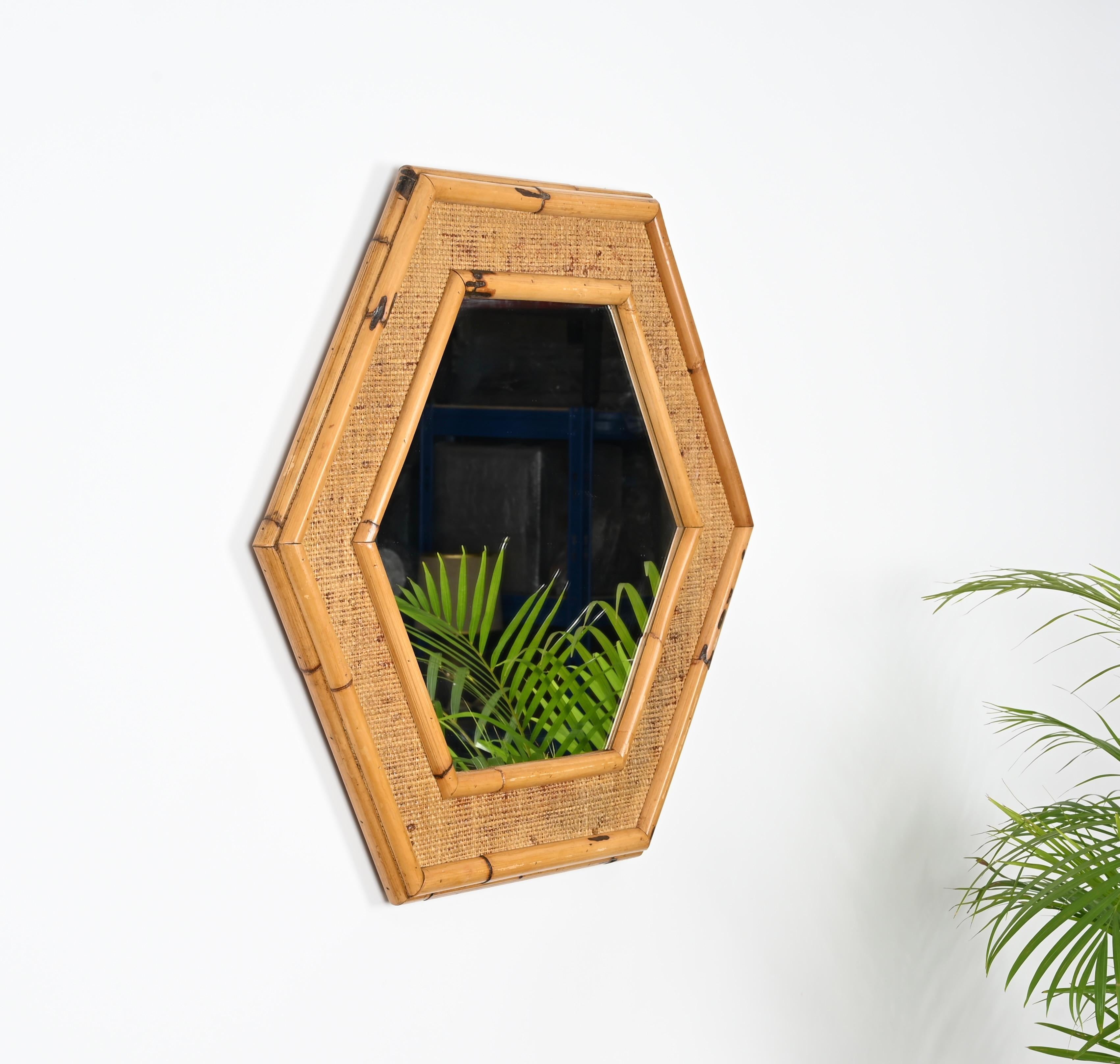 Mid-Century Modern Mid-Century Italian Hexagonal Mirror in Rattam and Bamboo, Italy 1970s For Sale