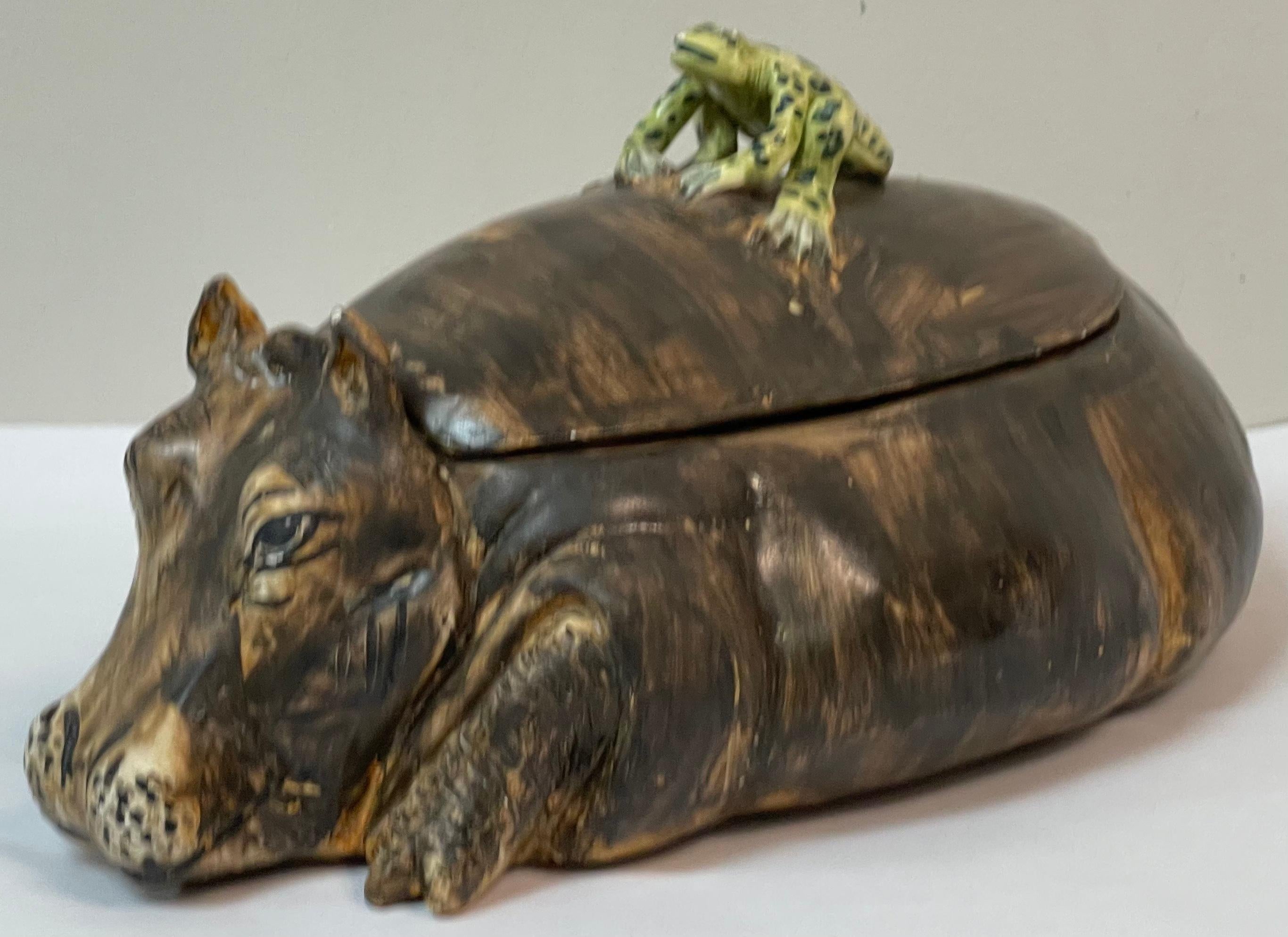 Aesthetic Movement Mid-Century Italian Hippo and Frog Tureen Signed AG with a Coronet For Sale