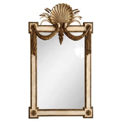 Mid-Century Italian Hollywood Regency Carved Wood Shell & Wheat Painted Mirror