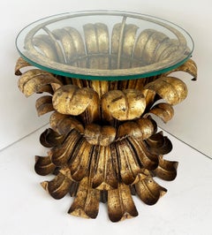 Mid-century Italian Hollywood Regency Gilt Tole Side Table with Glass Top