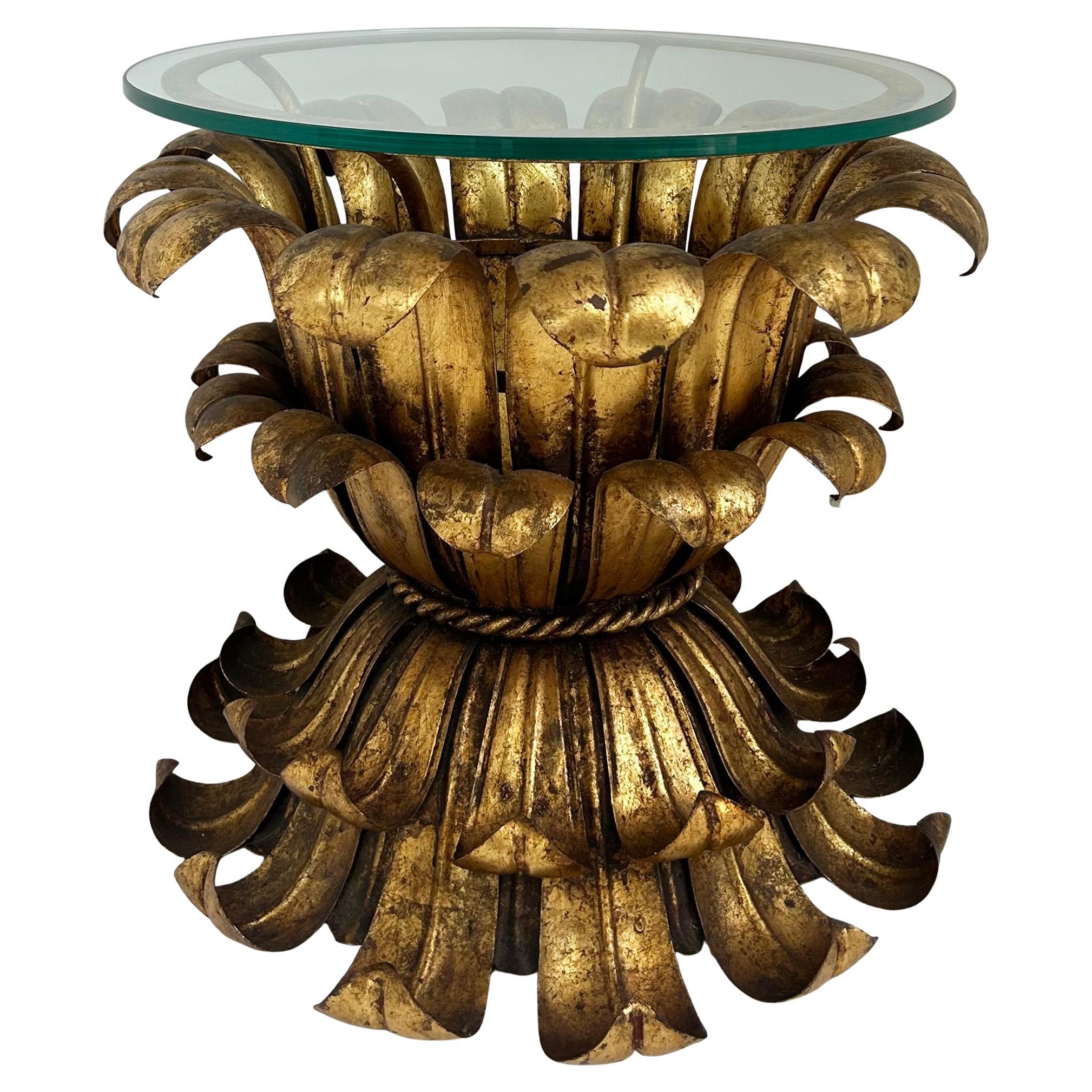 Mid-century Italian Hollywood Regency Gilt Tole Side Table with Glass Top