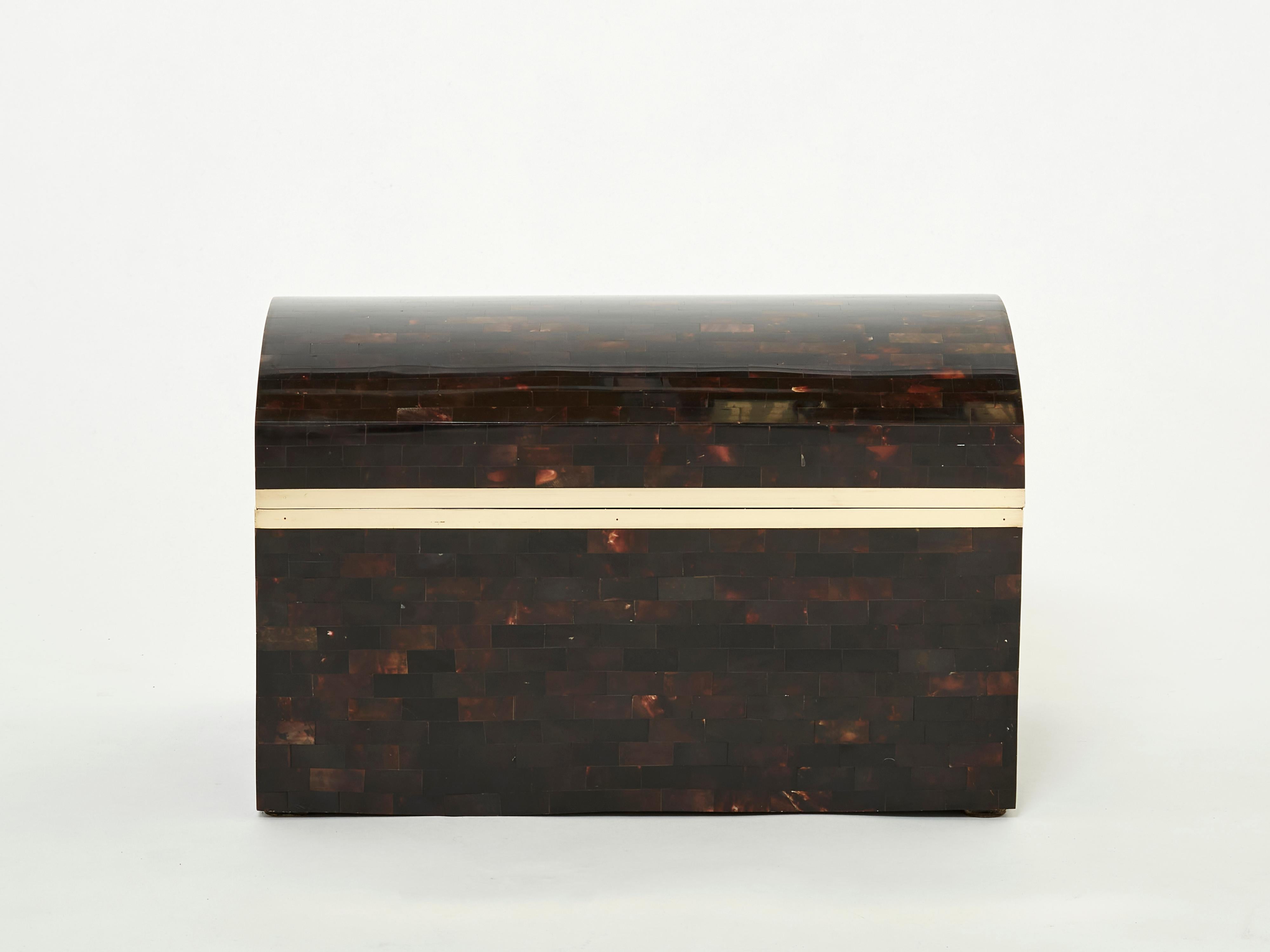 Midcentury Italian Horn Marquetry Brass Trunk Box, 1960 For Sale 6