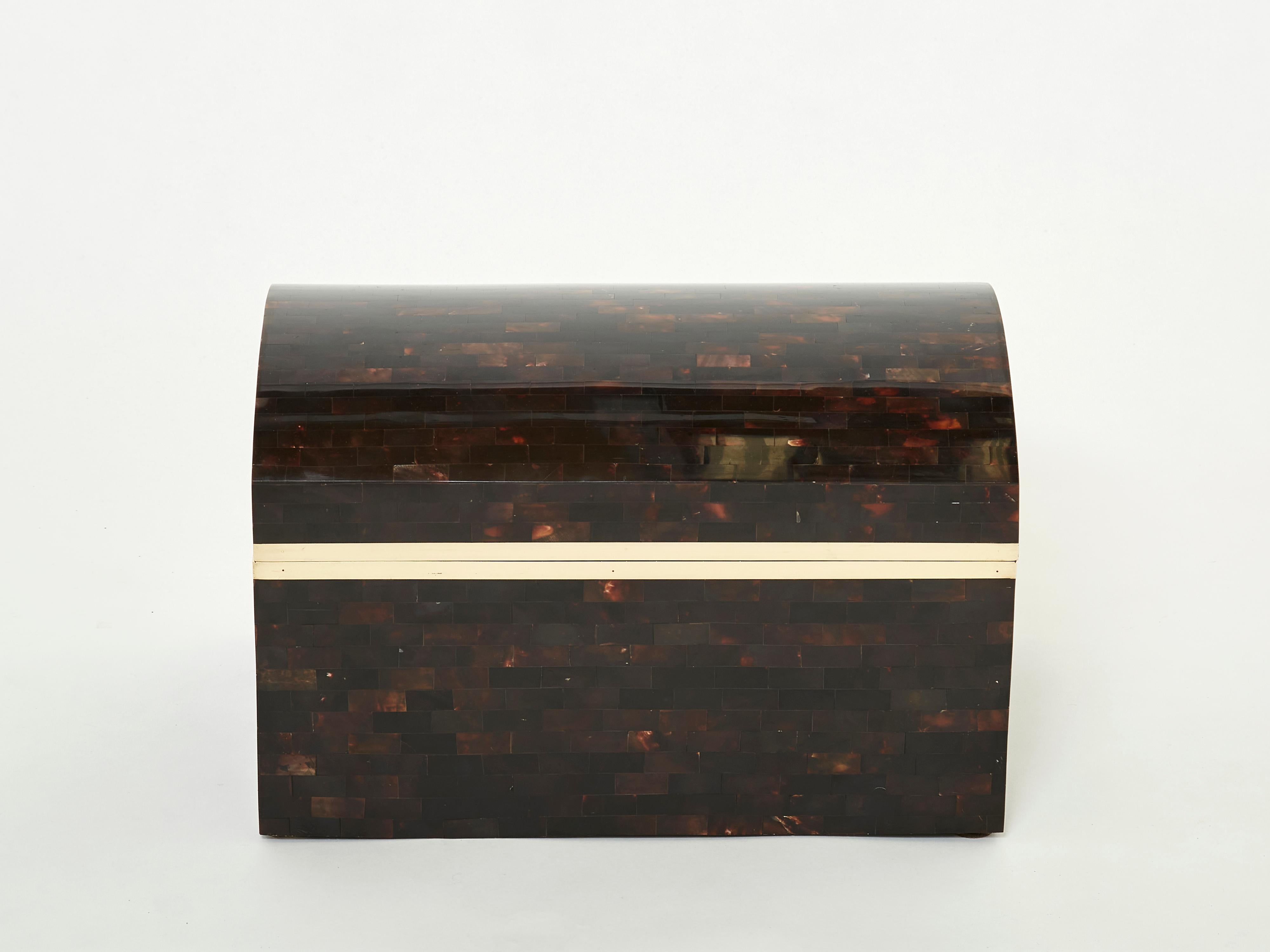 Mid-Century Modern Midcentury Italian Horn Marquetry Brass Trunk Box, 1960 For Sale