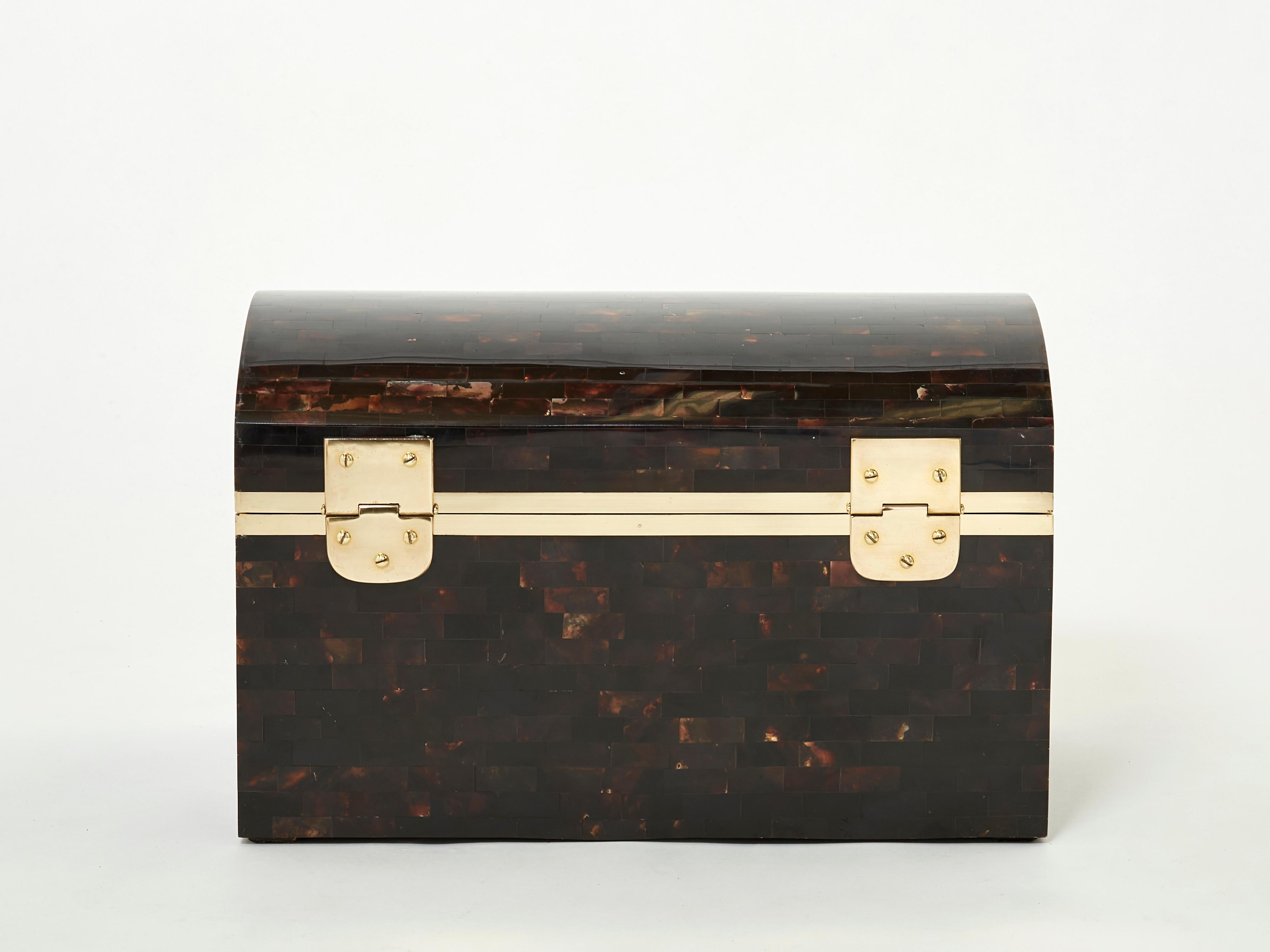 Midcentury Italian Horn Marquetry Brass Trunk Box, 1960 In Good Condition For Sale In Paris, IDF