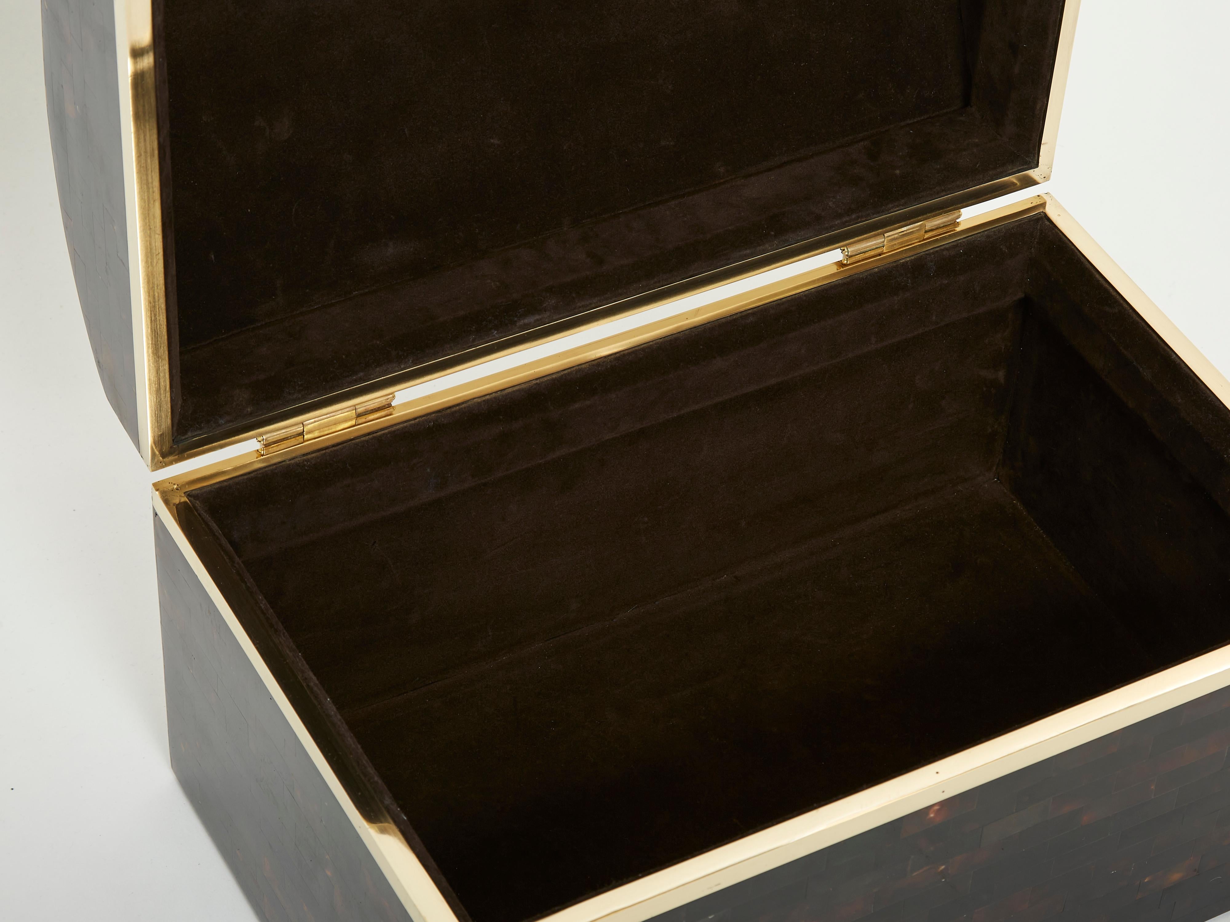 Mid-20th Century Midcentury Italian Horn Marquetry Brass Trunk Box, 1960 For Sale