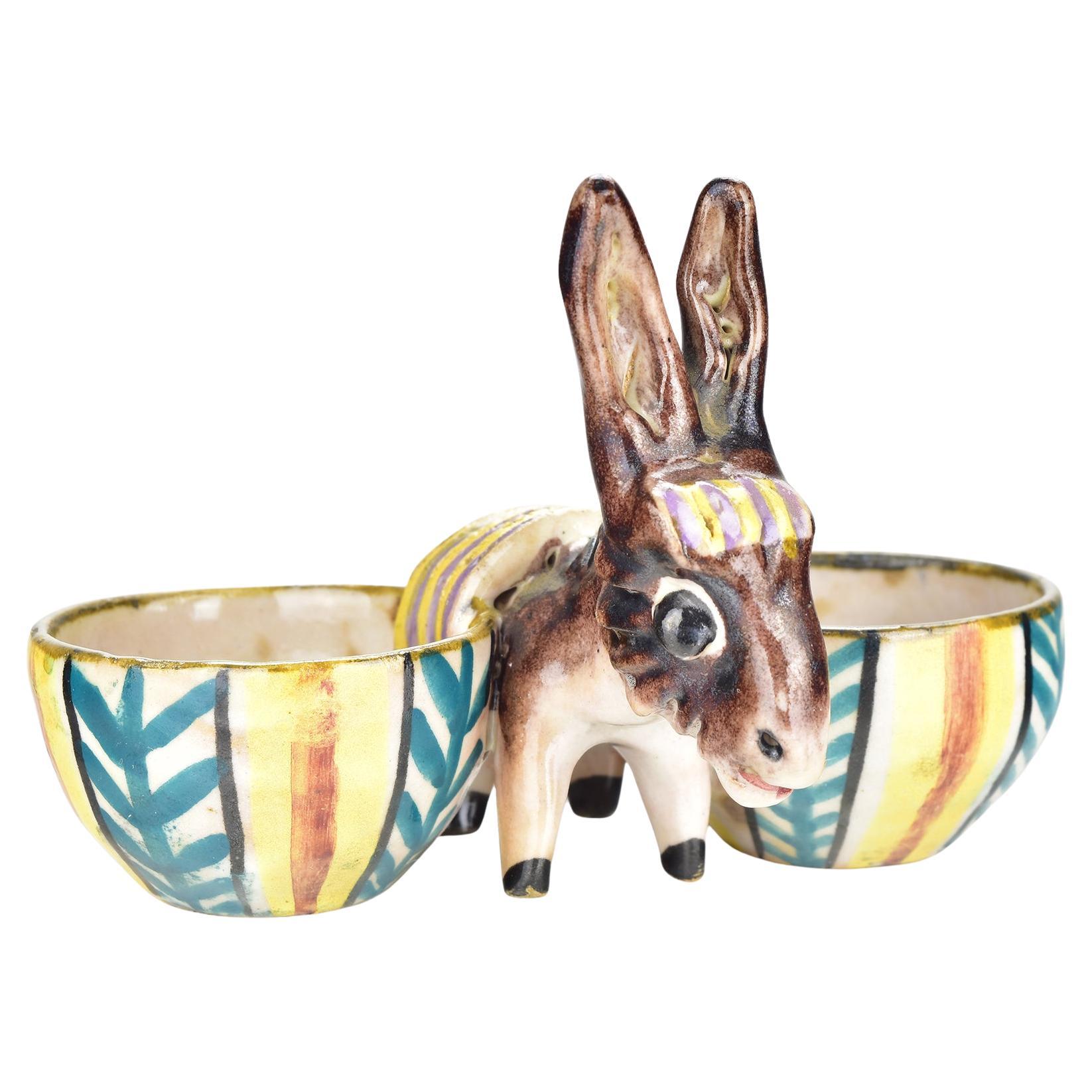 Mid-Century Italian ICS Donkey-Shaped Ceramic Double Salt Cellar Guido Gambone
