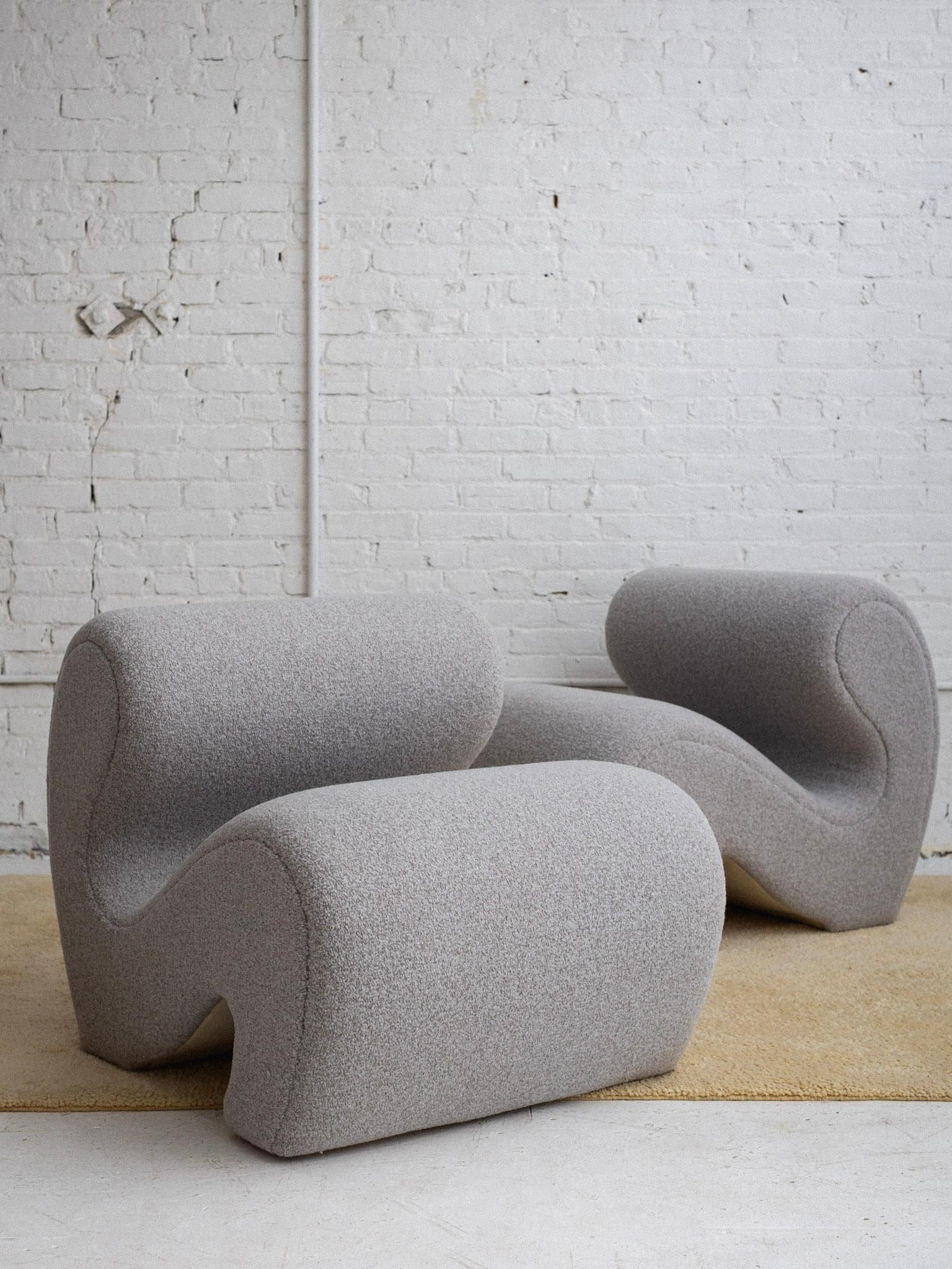 Inspired by a 1950s Italian design this custom occasional chair is made to order. The curving serpentine Silhouette is a bold graphic statement. It may be used as a chair or in tandem with additional pieces to create a modular seating arrangement.