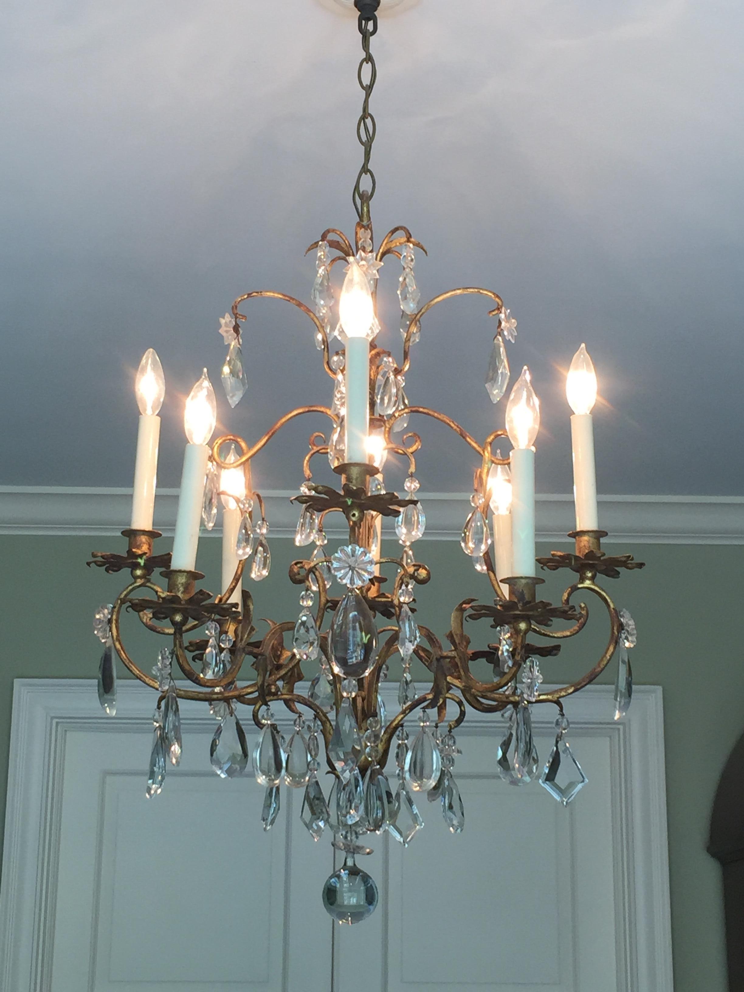 Baroque Mid-Century Italian Iron and Crystal Midcentury Eight-Armed Chandelier For Sale