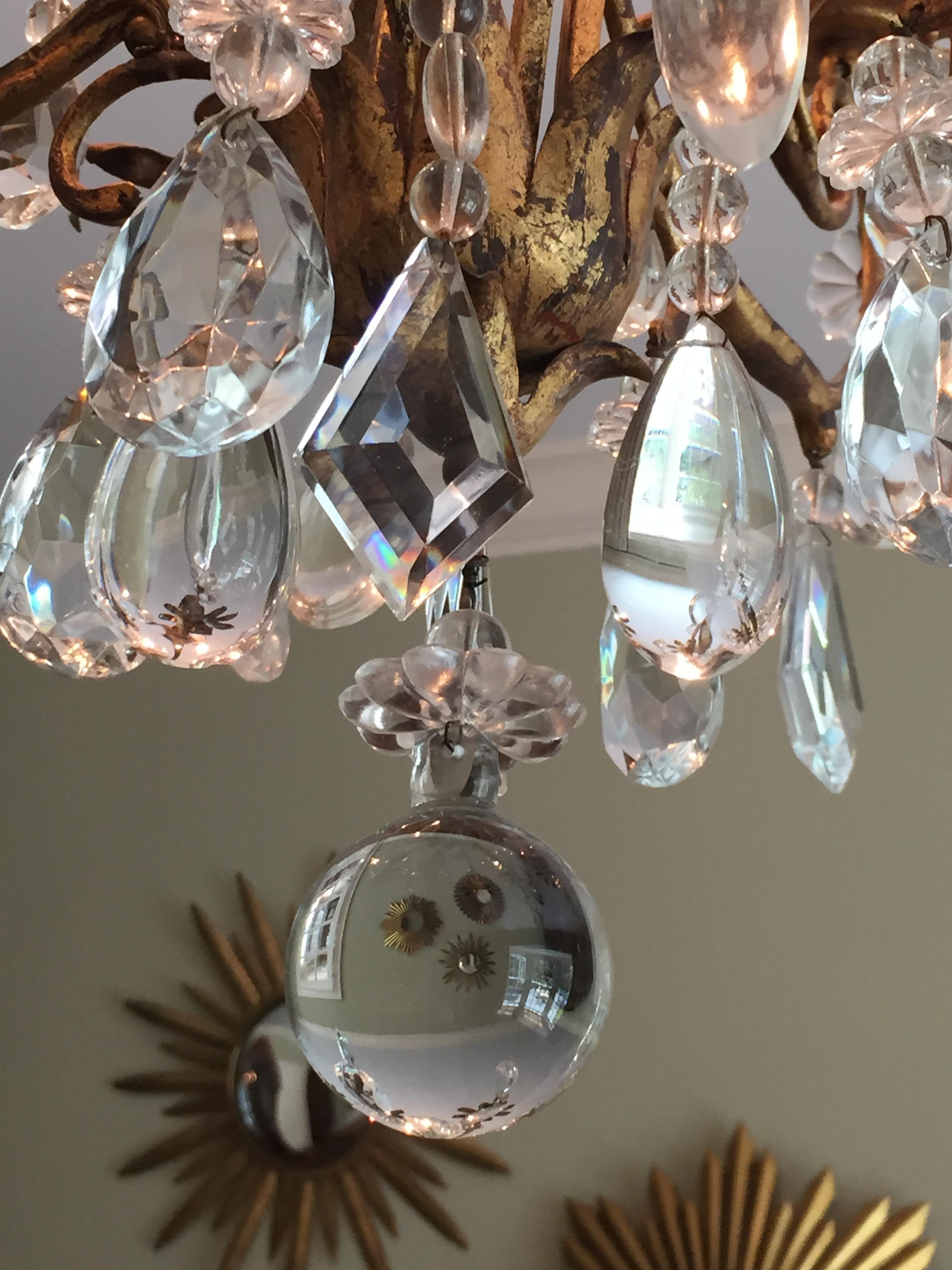 Hand-Crafted Mid-Century Italian Iron and Crystal Midcentury Eight-Armed Chandelier For Sale