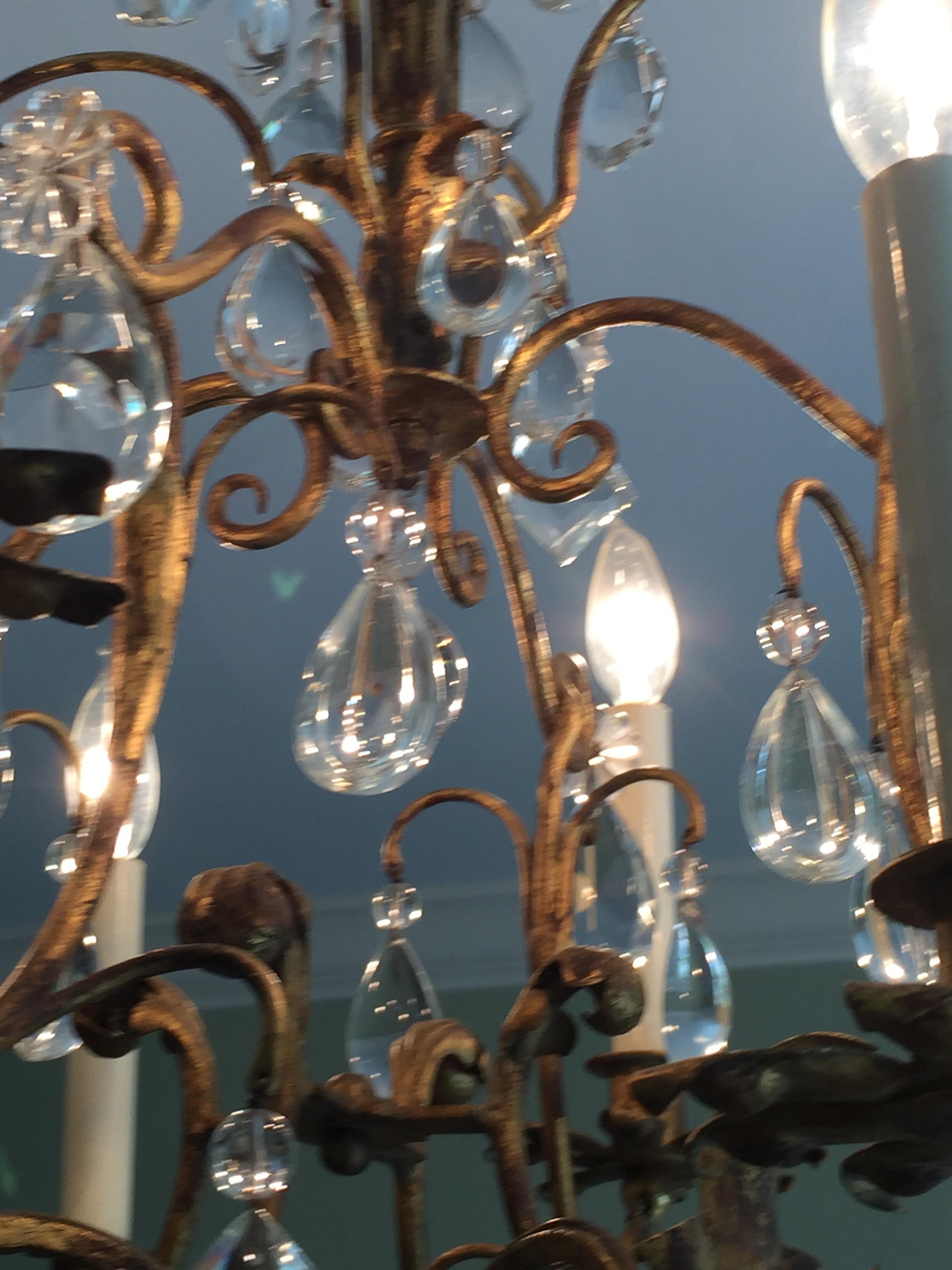 Mid-Century Italian Iron and Crystal Midcentury Eight-Armed Chandelier In Excellent Condition For Sale In Chicago, IL