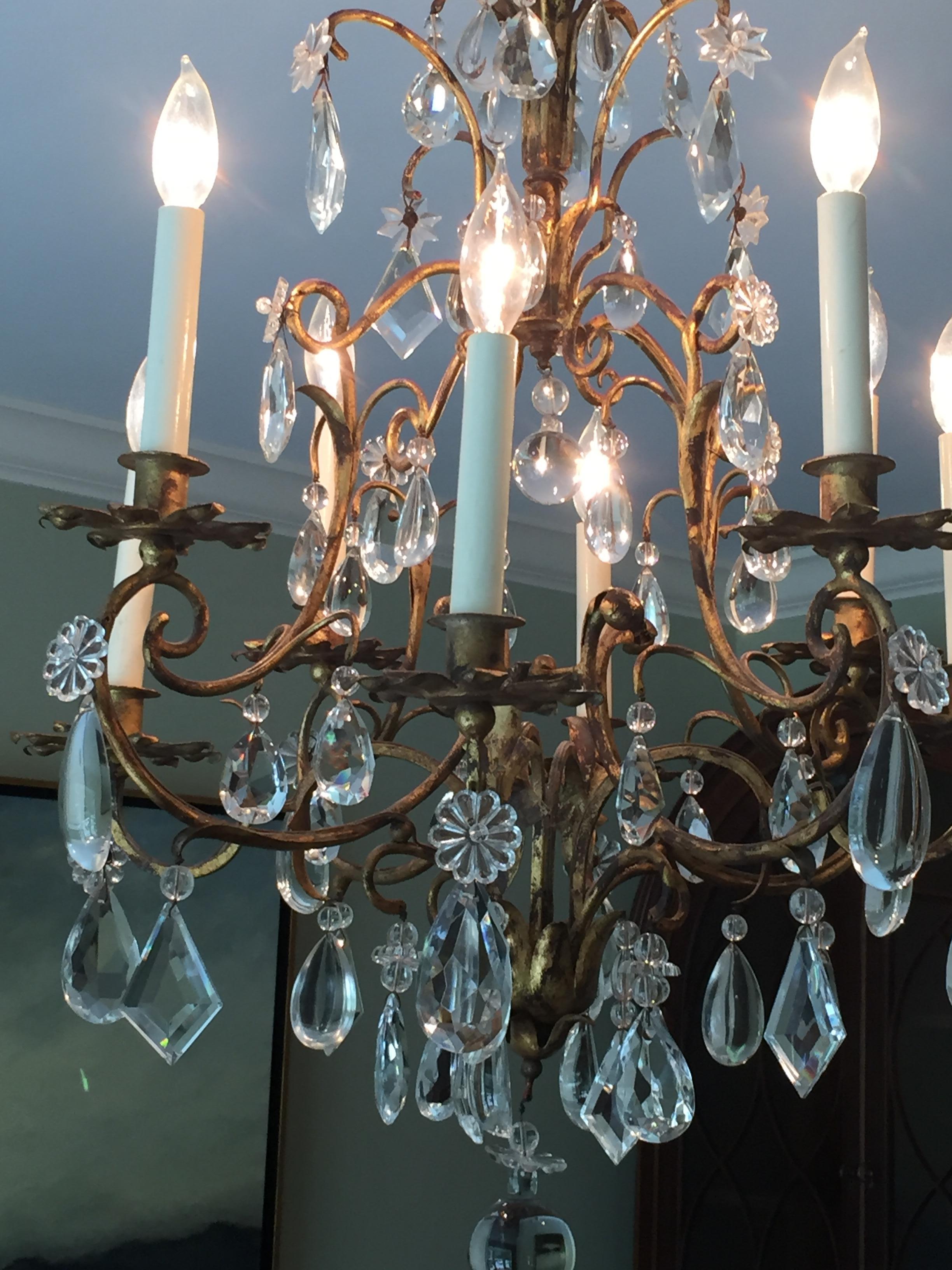 20th Century Mid-Century Italian Iron and Crystal Midcentury Eight-Armed Chandelier For Sale