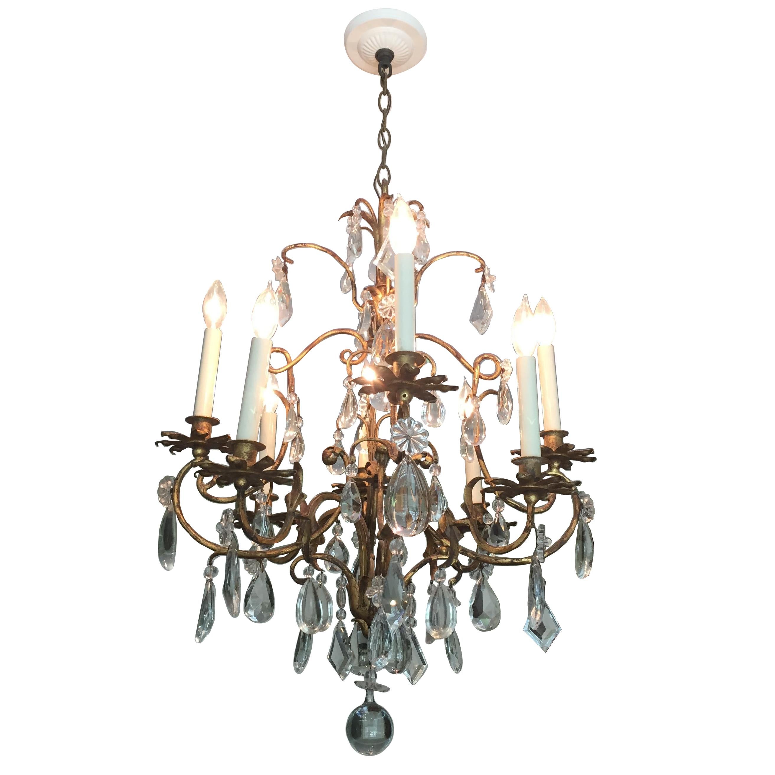 Mid-Century Italian Iron and Crystal Midcentury Eight-Armed Chandelier For Sale