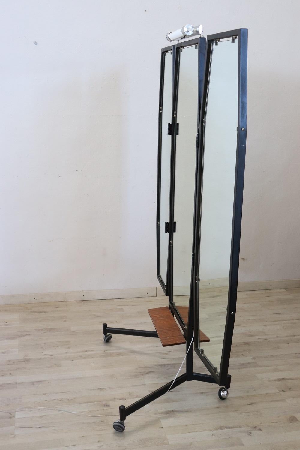 Mid-Century Italian Iron Three Way Floor Mirror with Light For Sale 6
