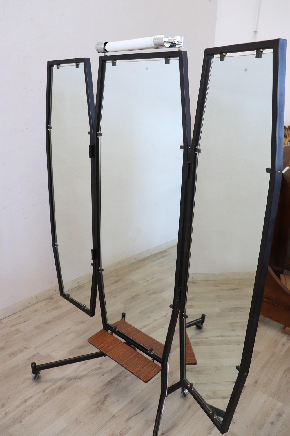 Mid-Century Italian Iron Three Way Floor Mirror with Light For Sale 8