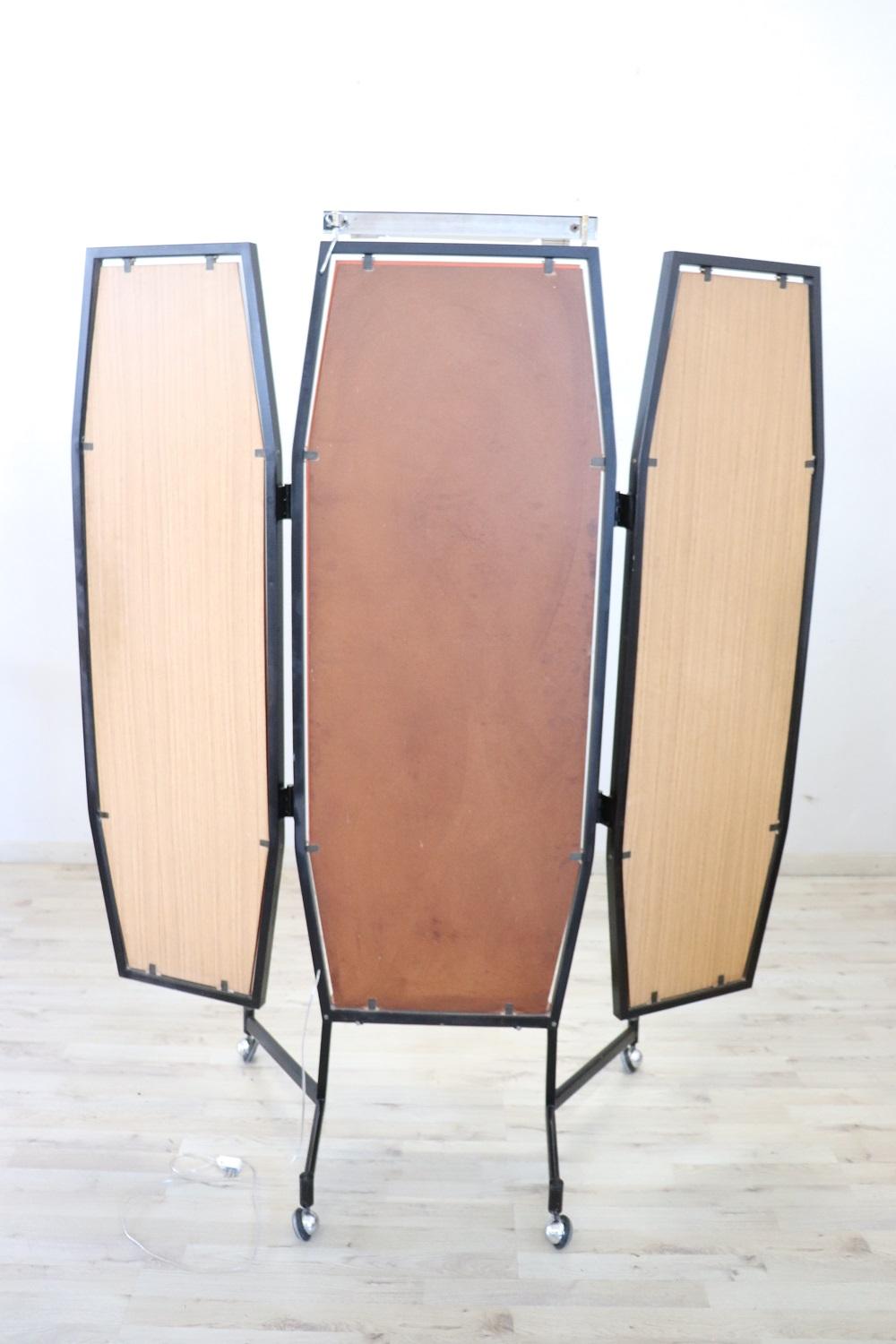 Mid-Century Modern Mid-Century Italian Iron Three Way Floor Mirror with Light For Sale