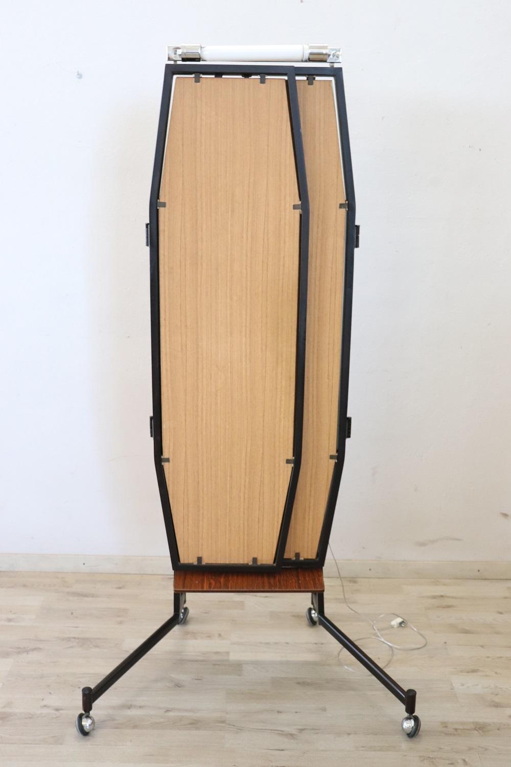Mid-Century Italian Iron Three Way Floor Mirror with Light For Sale 1