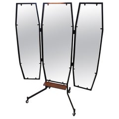 Mid-Century Italian Iron Three Way Floor Mirror with Light