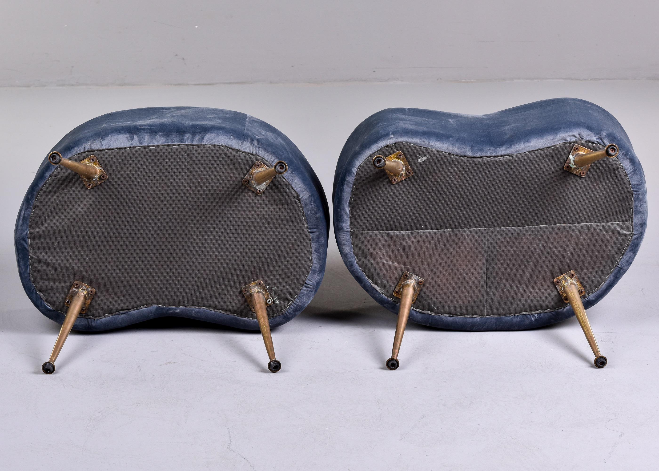 Mid Century Italian Kidney Shape Gray Velvet Stool or Bench with Brass Feet 8