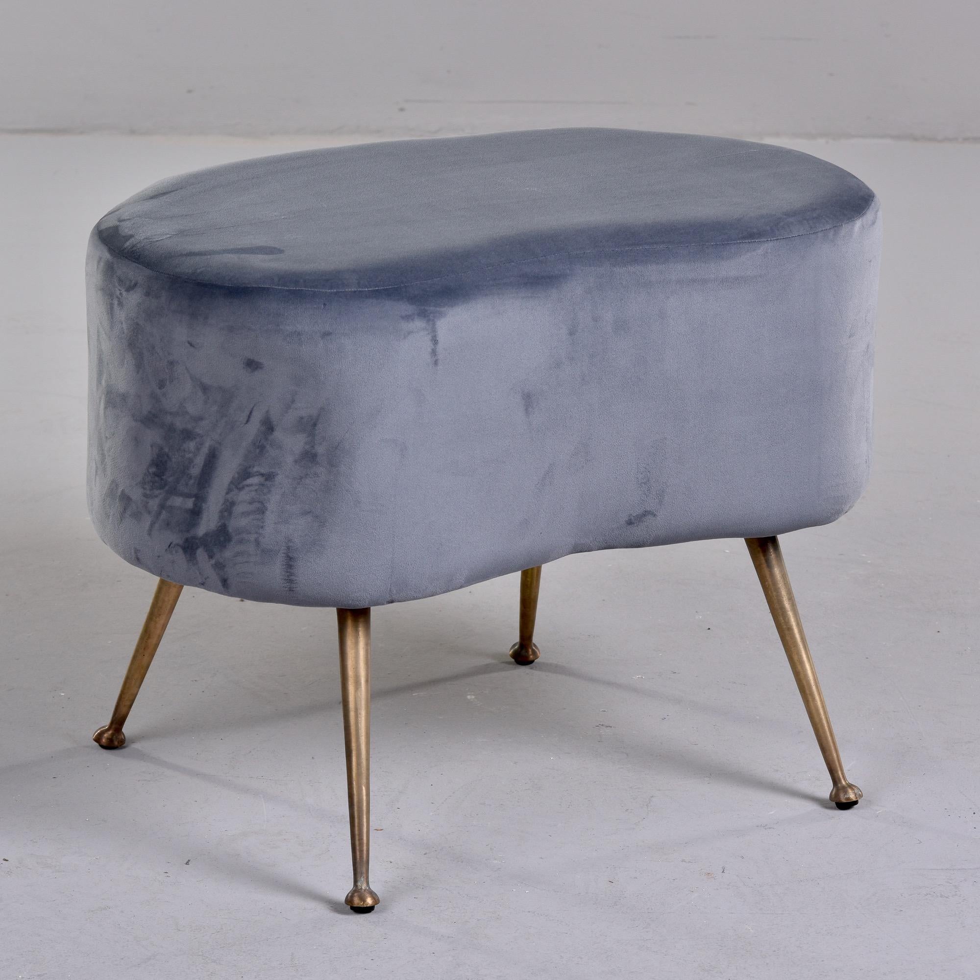 Mid Century Italian Kidney Shape Gray Velvet Stool or Bench with Brass Feet 3