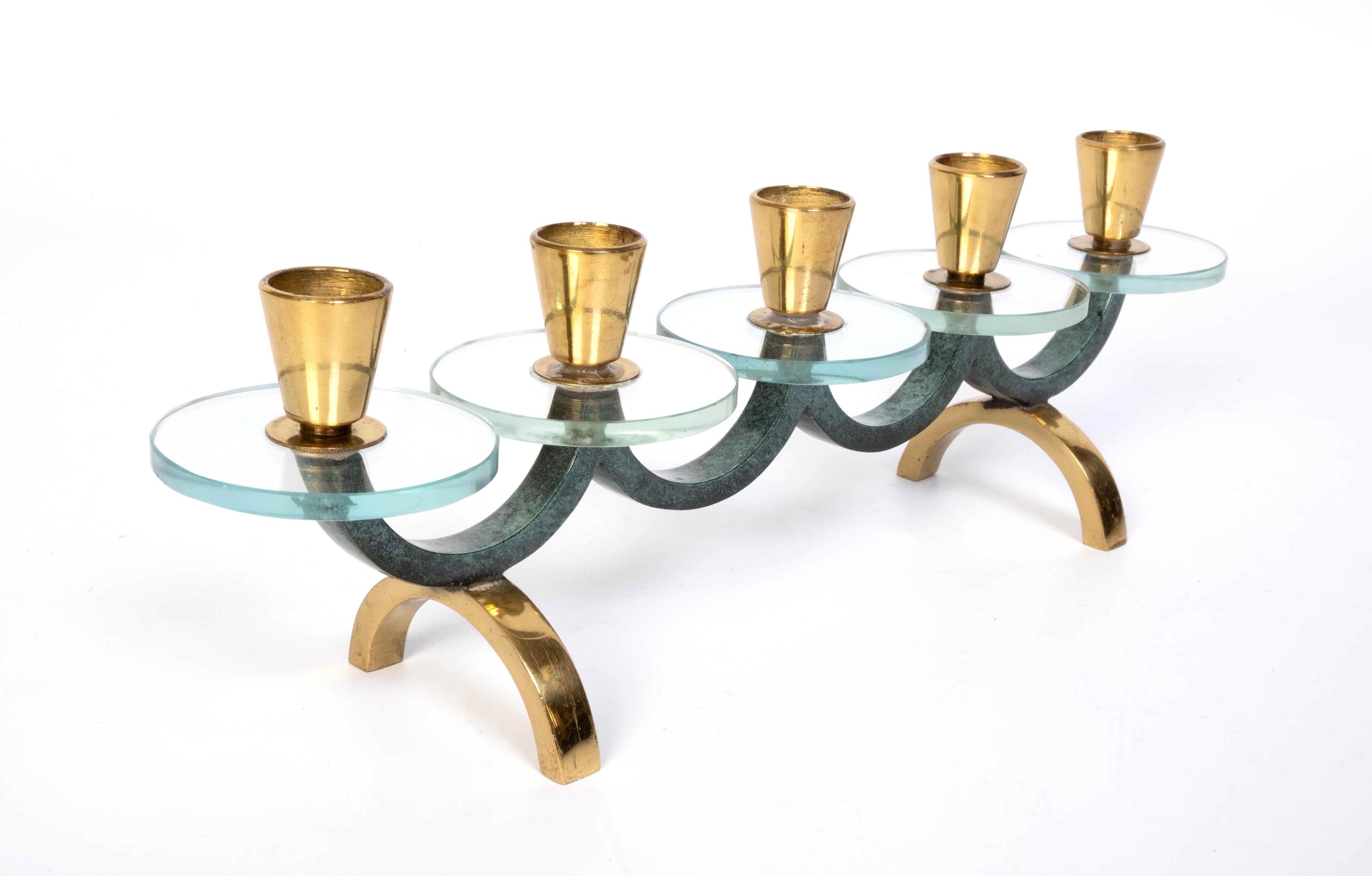 Mid Century Italian Lacquered Brass, Lucite And Marble Candleholder Candelabra For Sale 1