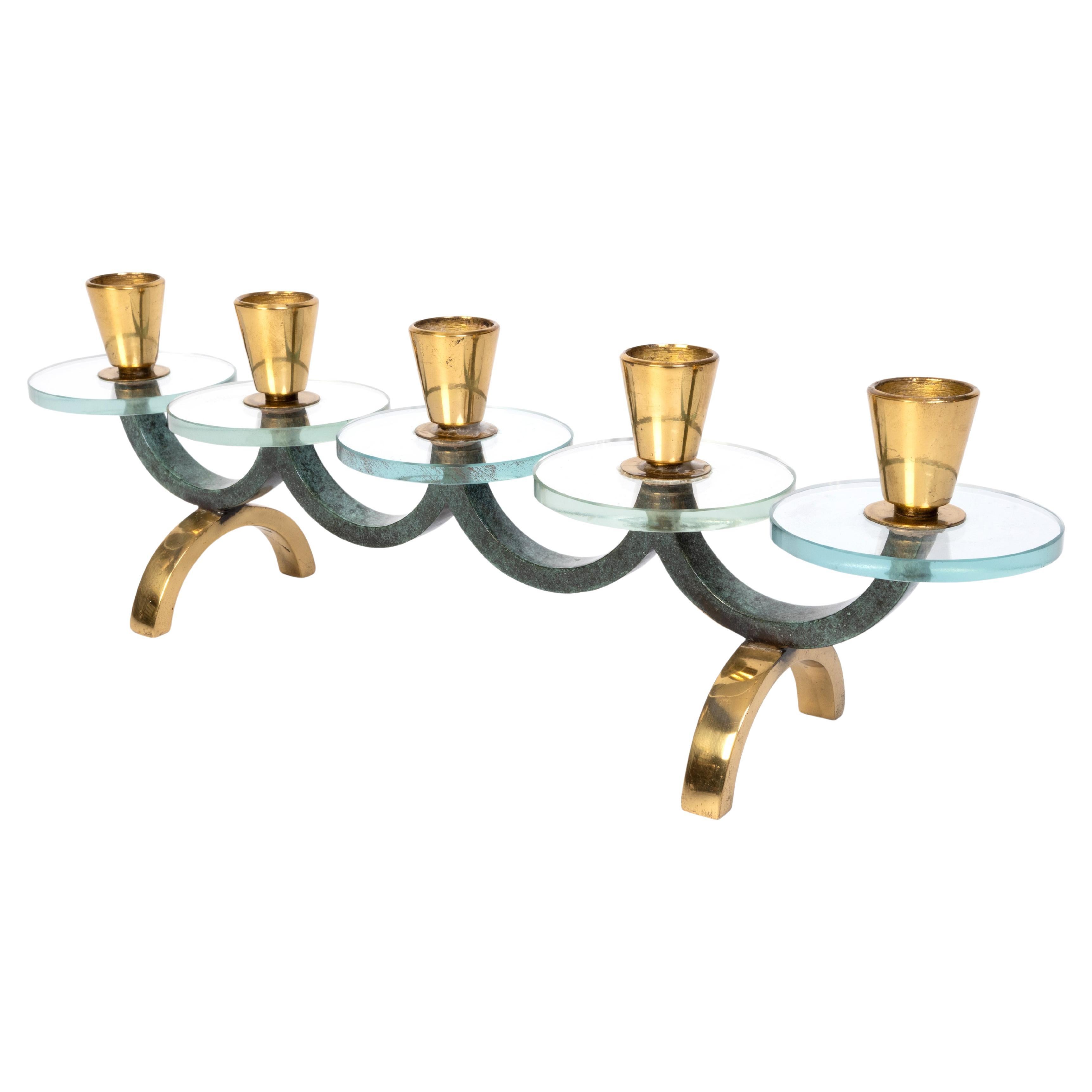 Mid Century Italian Lacquered Brass, Lucite And Marble Candleholder Candelabra For Sale