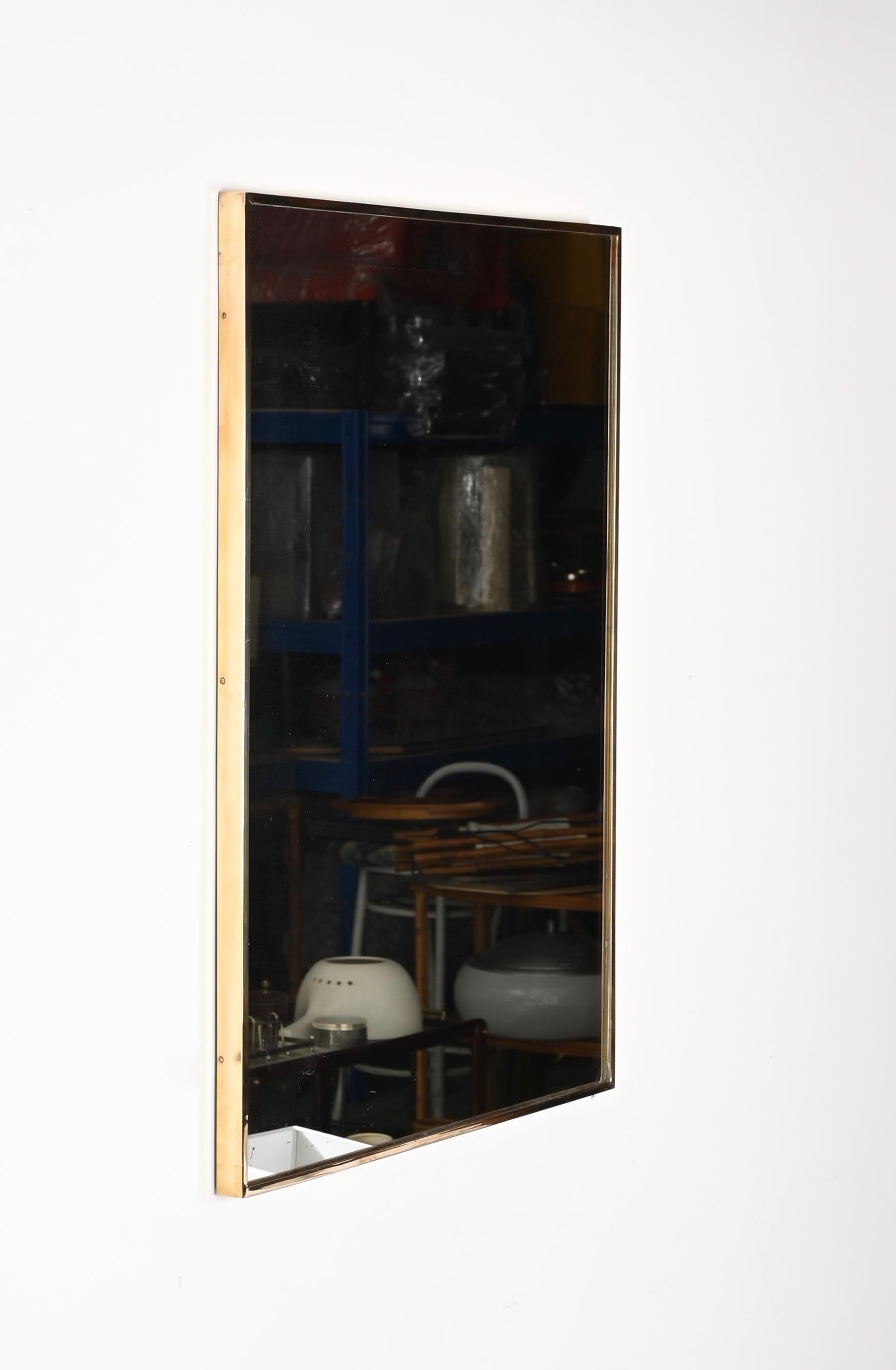 Hand-Crafted Mid-Century Italian Large Brass Redctangular Wall Mirror, Italy 1950s For Sale