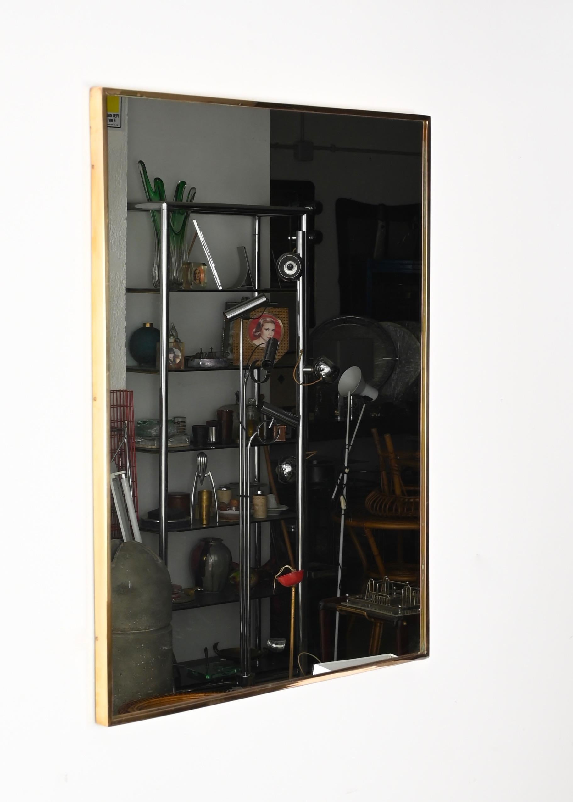 20th Century Mid-Century Italian Large Brass Redctangular Wall Mirror, Italy 1950s For Sale