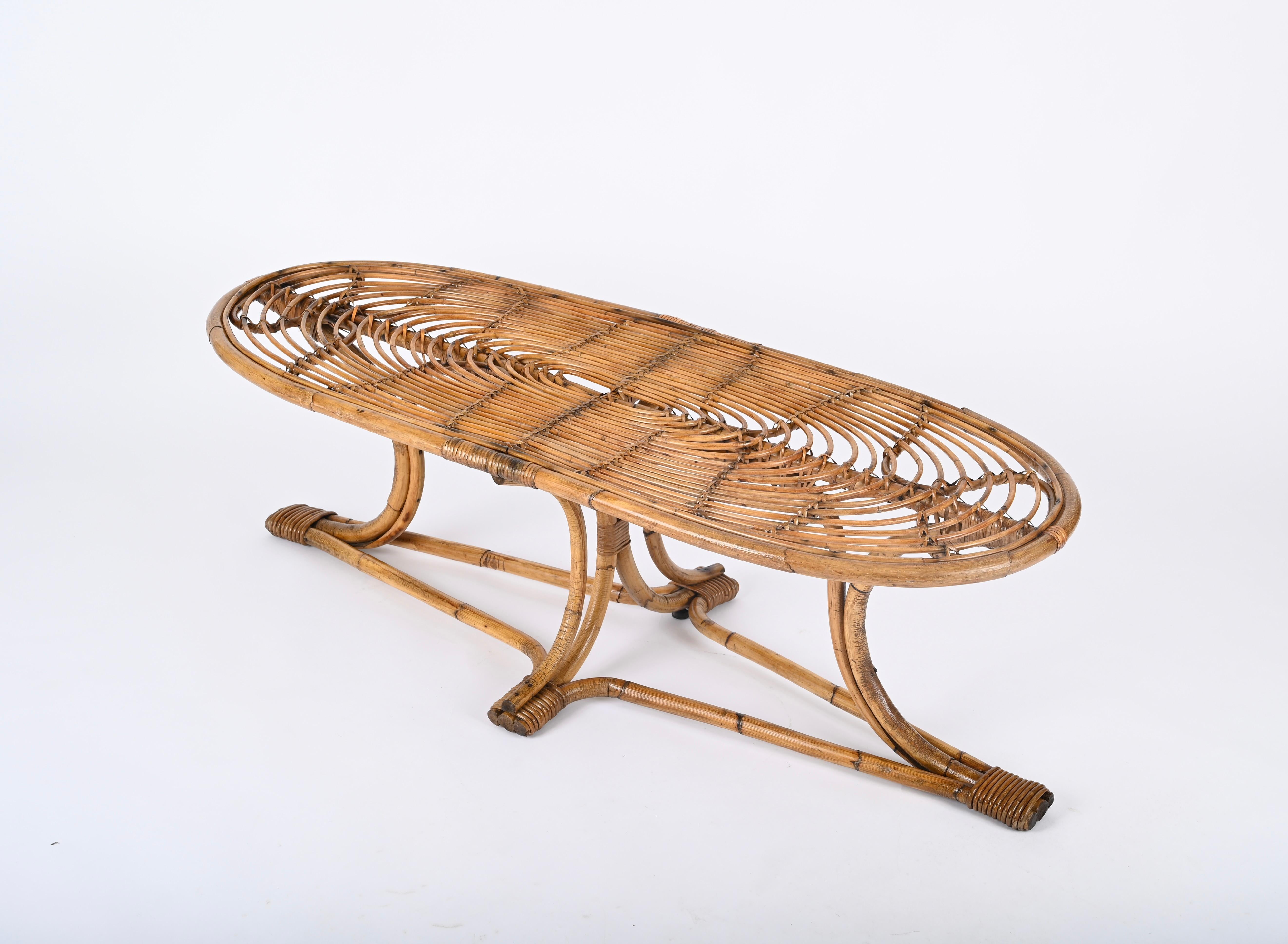 Mid-Century Italian Large Oval Bamboo and Rattan Coffee Table, Italy 1970s For Sale 5