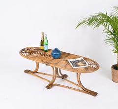 Mid-Century Italian Large Oval Bamboo and Rattan Coffee Table, Italy 1970s