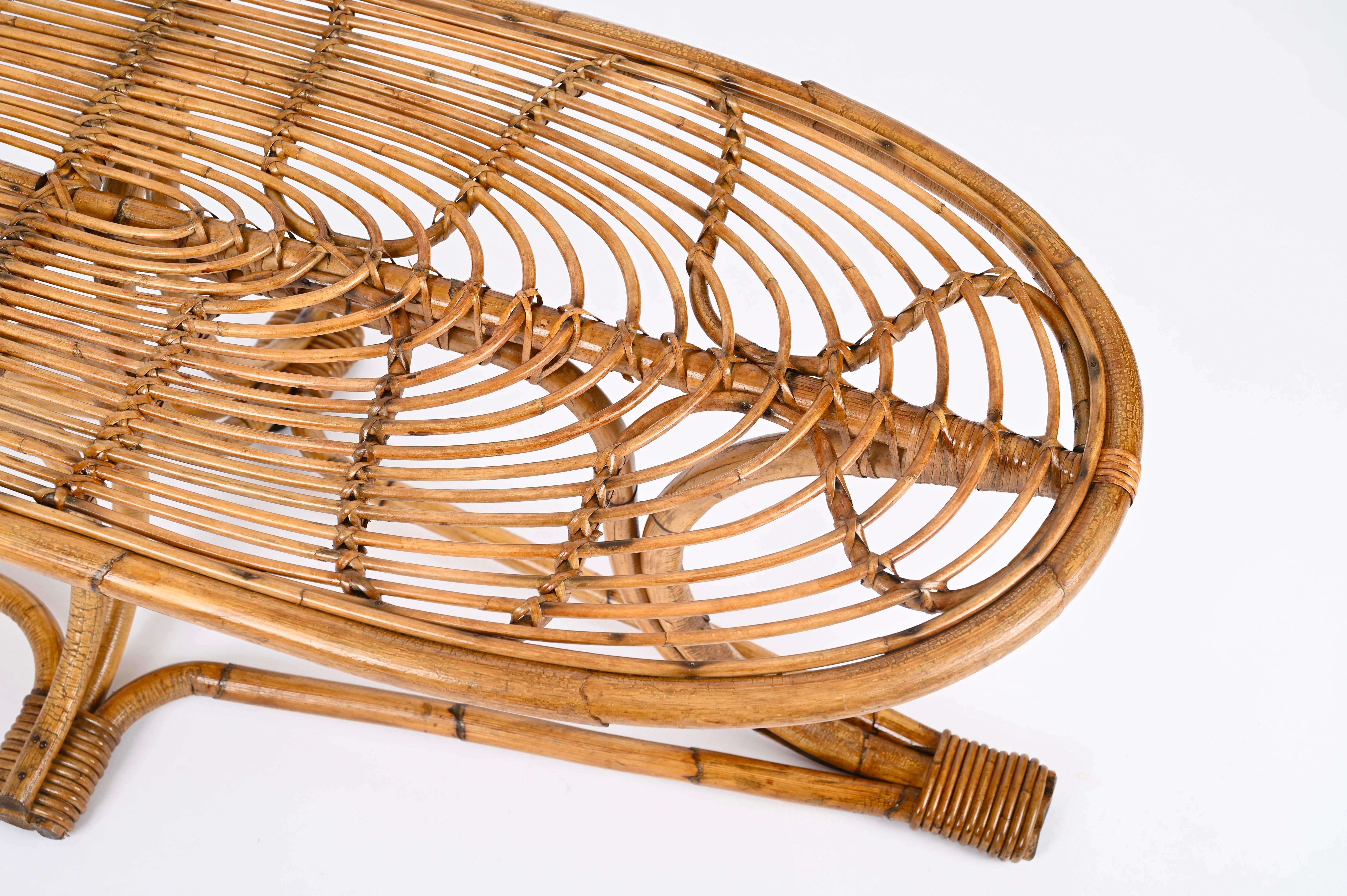 Mid-Century Modern Mid-Century Italian Large Oval Bamboo and Rattan Coffee Table, Italy 1970s For Sale