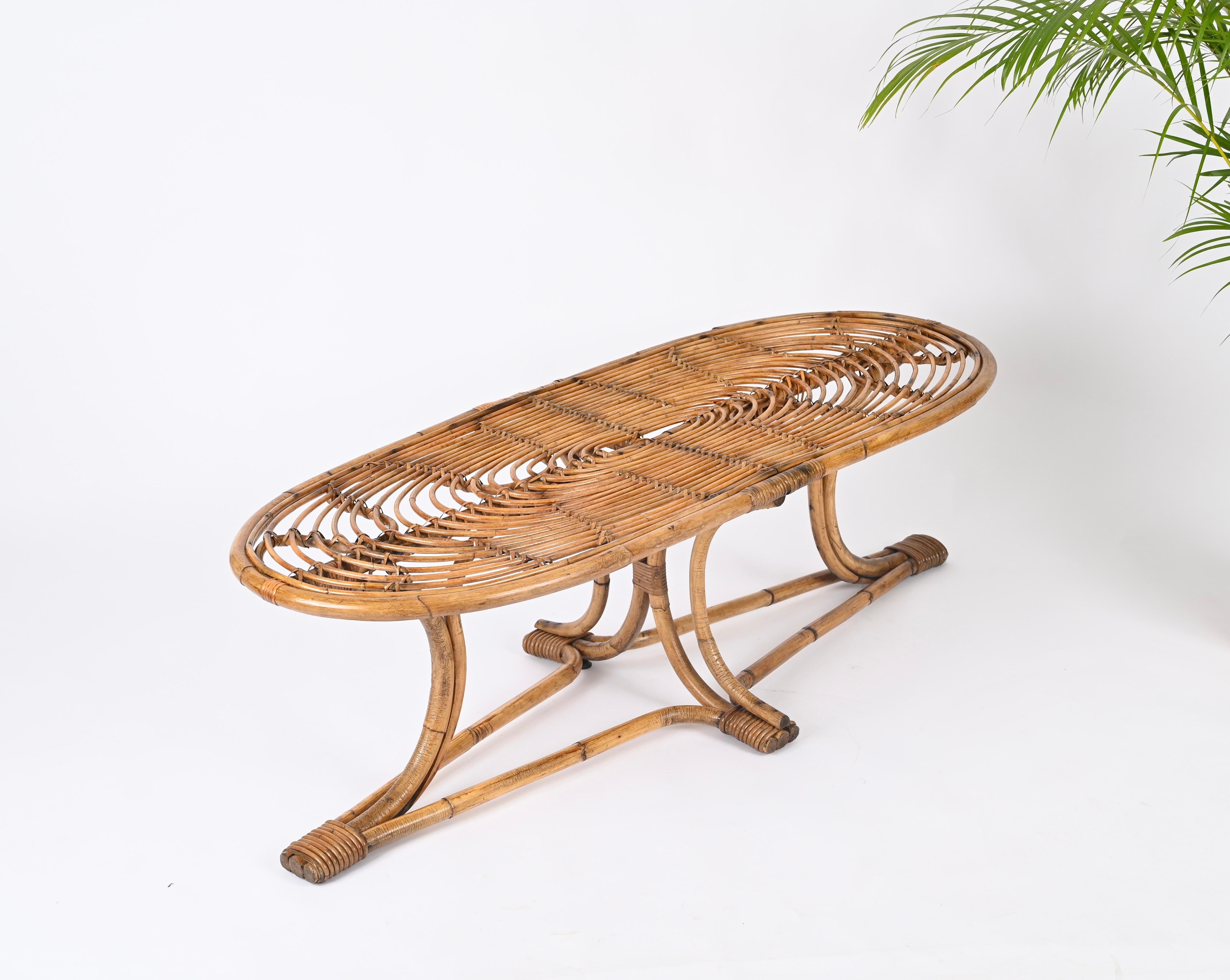 Hand-Woven Mid-Century Italian Large Oval Bamboo and Rattan Coffee Table, Italy 1970s For Sale