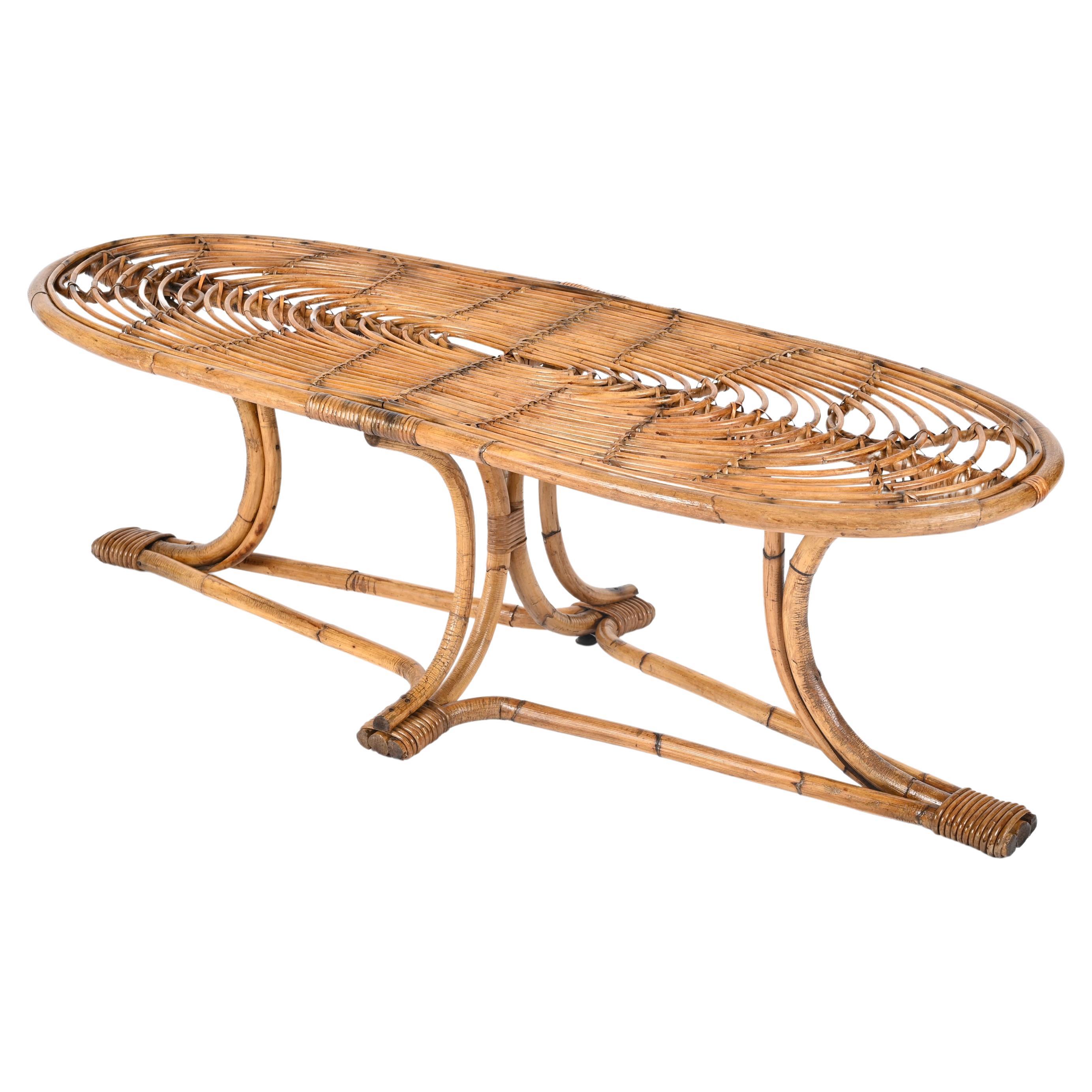 Mid-Century Italian Large Oval Bamboo and Rattan Coffee Table, Italy 1970s For Sale