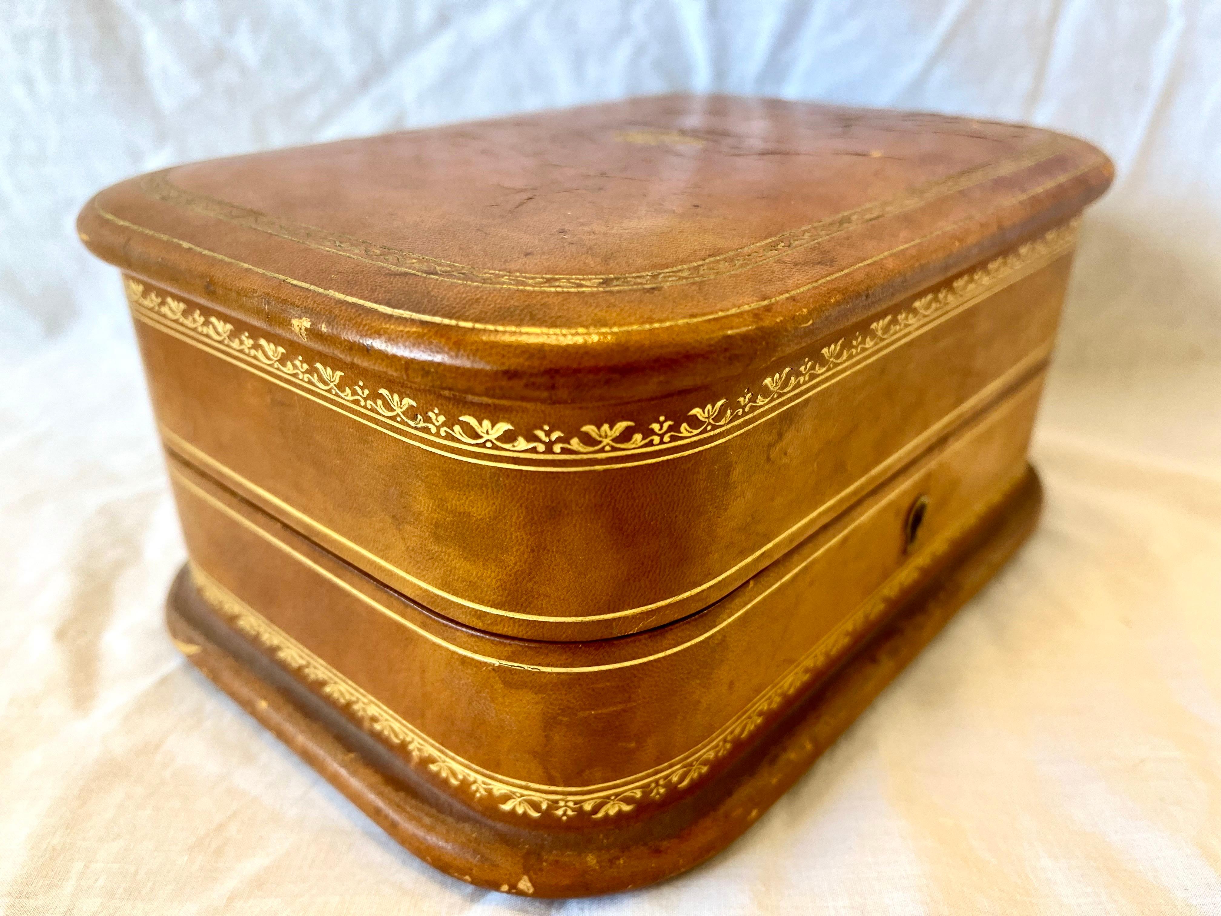 20th Century Mid Century Italian Leather Stencil Gilt Jewelry Casket for Saks Fifth Avenue NY