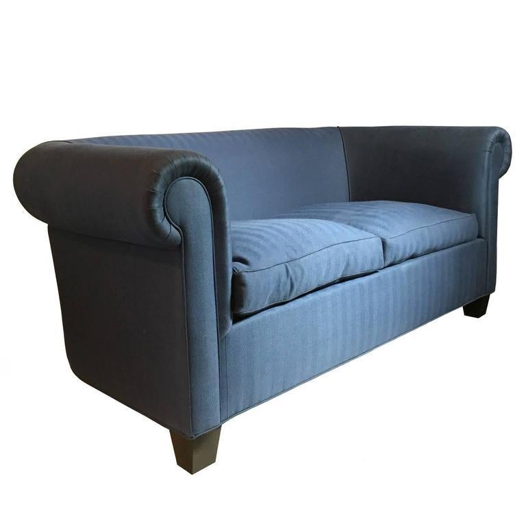 Vintage midcentury Italian library sofa in blue tonal herringbone upholstery.