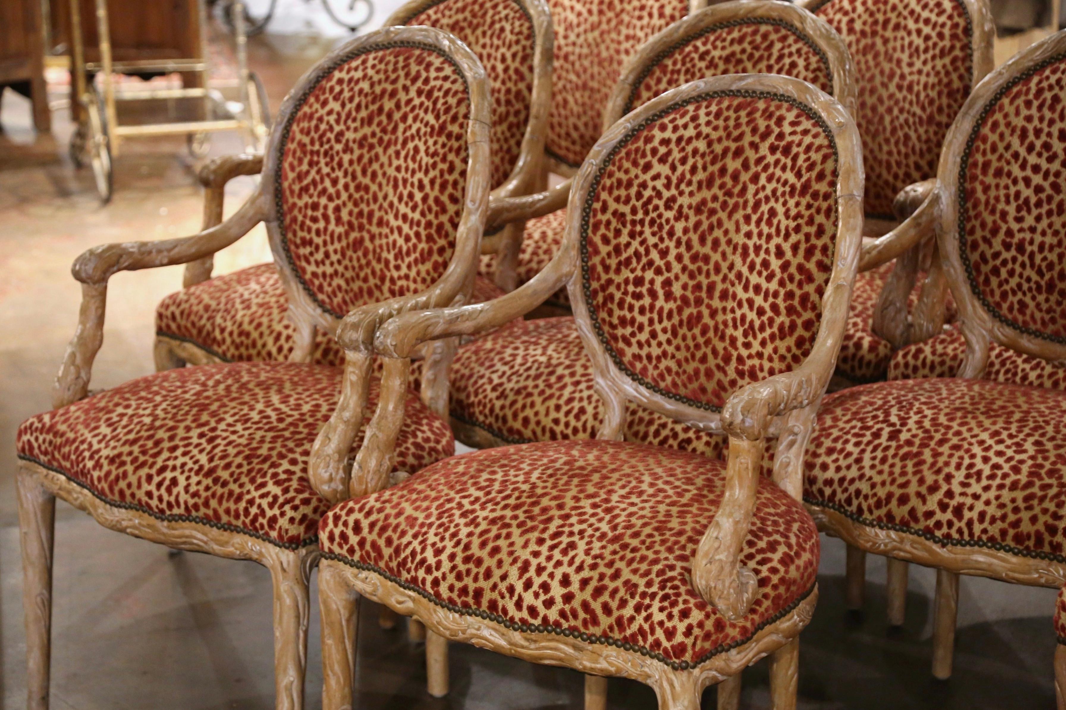 Hand-Carved Mid-Century Italian Louis XVI Carved and Painted Dining Armchairs, Suite of Ten For Sale