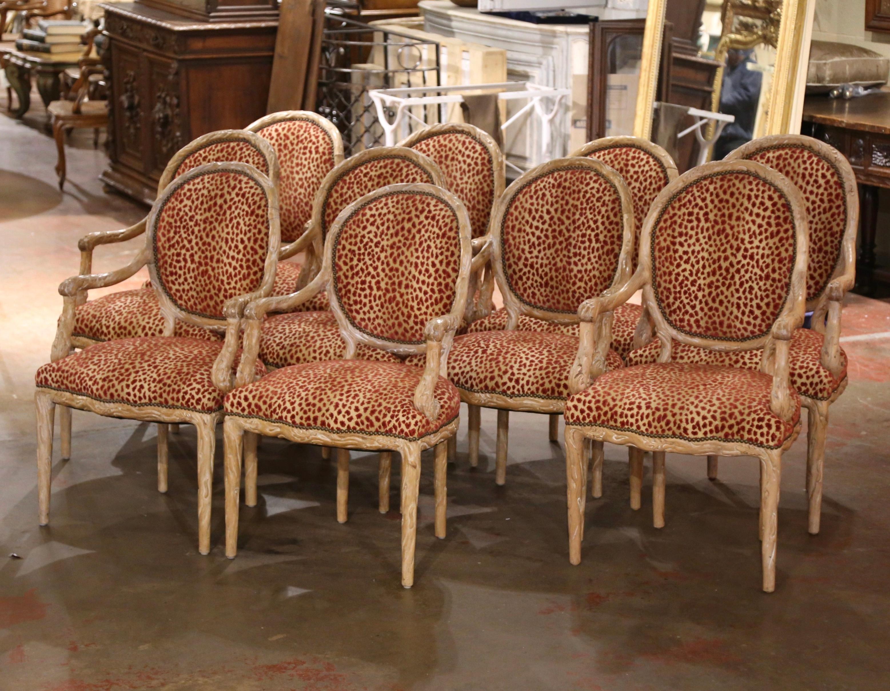 20th Century Mid-Century Italian Louis XVI Carved and Painted Dining Armchairs, Suite of Ten For Sale