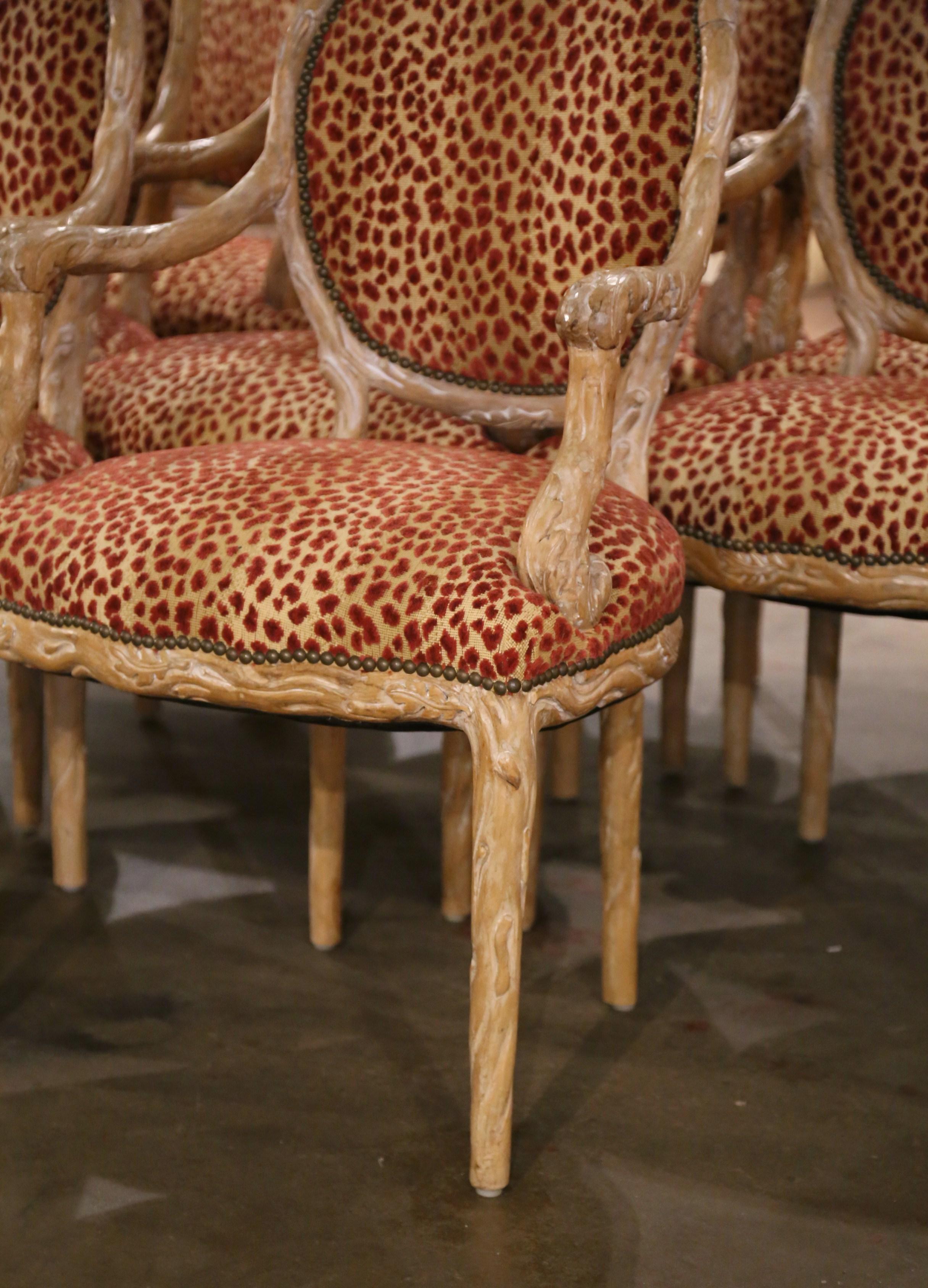 Fabric Mid-Century Italian Louis XVI Carved and Painted Dining Armchairs, Suite of Ten For Sale