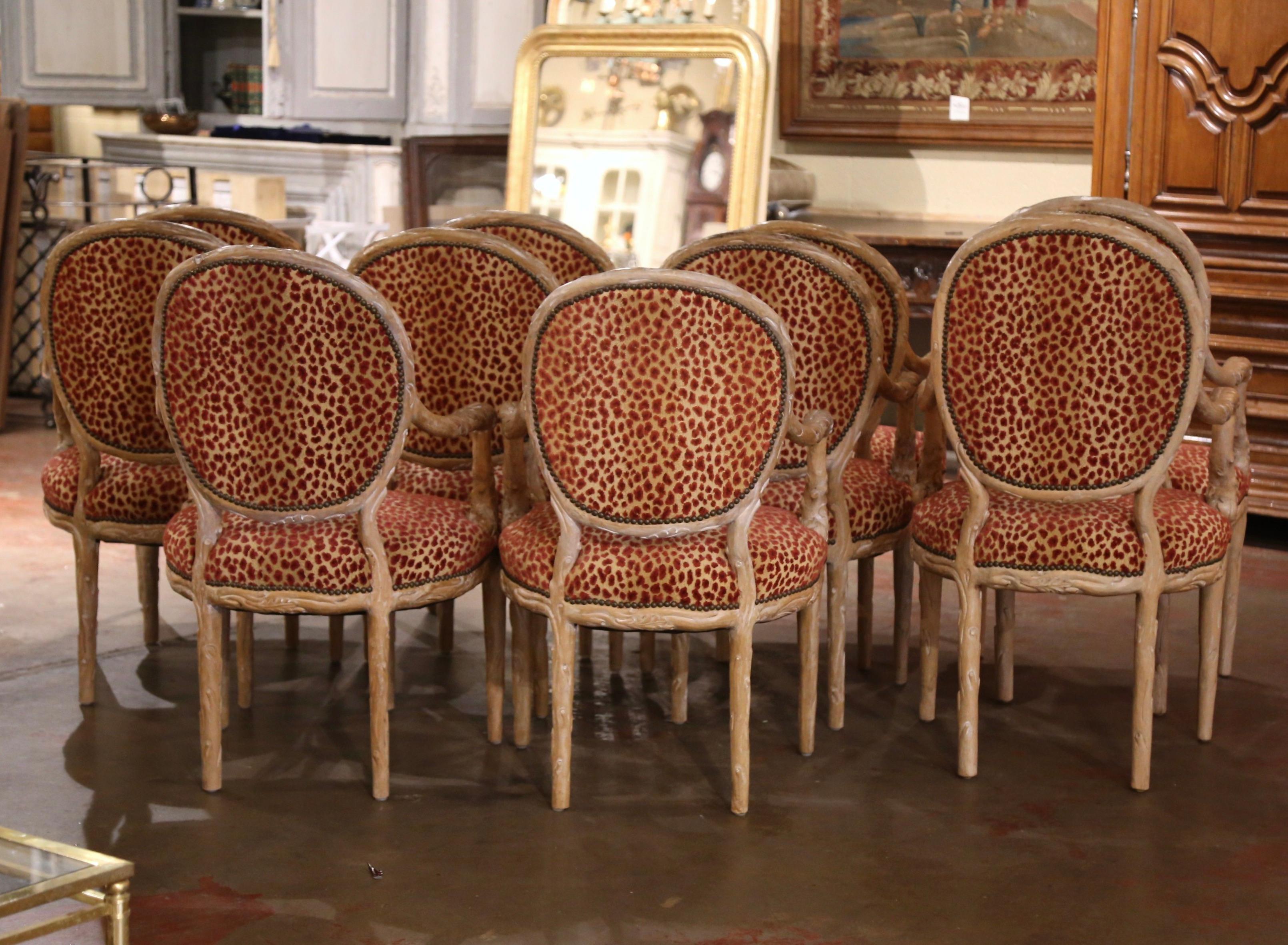 Mid-Century Italian Louis XVI Carved and Painted Dining Armchairs, Suite of Ten For Sale 3