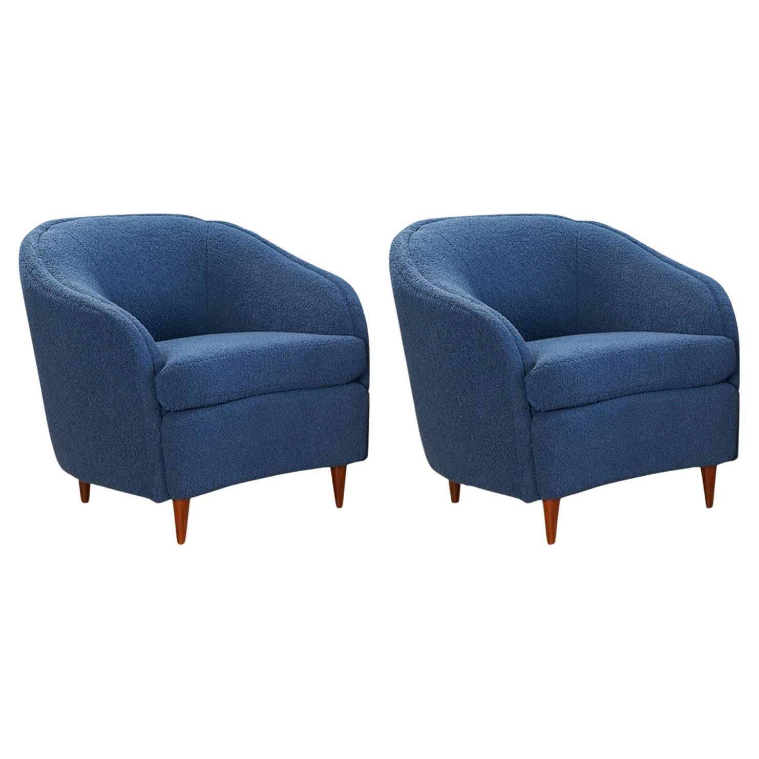 Mid Century Italian Lounge Chairs in Blue Boucle, a Pair For Sale